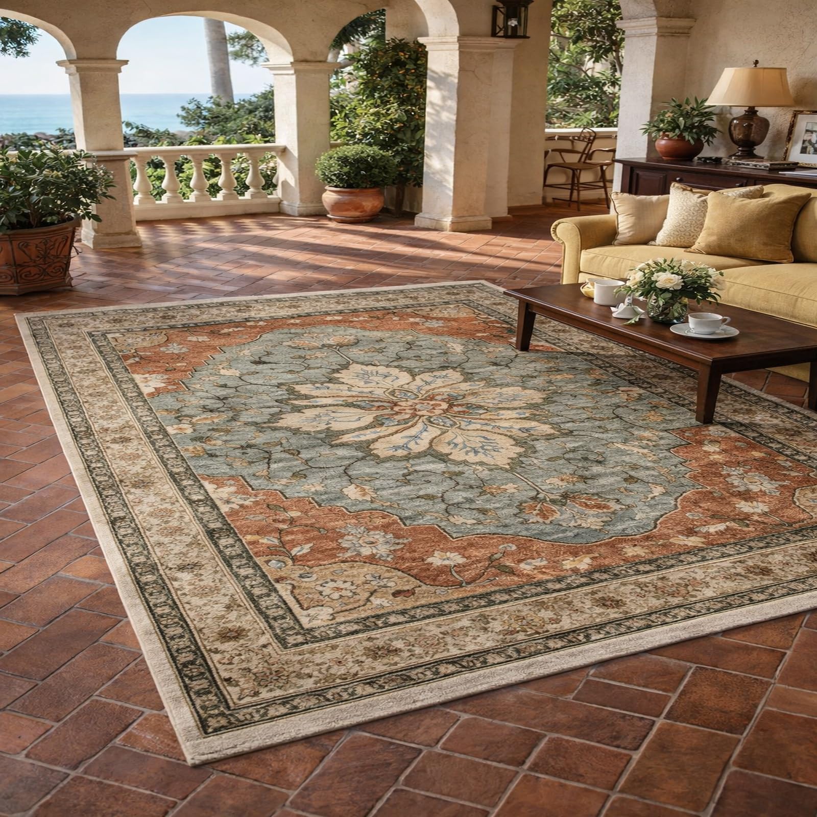 Tapis canapé salon vintage vert beige rouge 155 x 200 cm