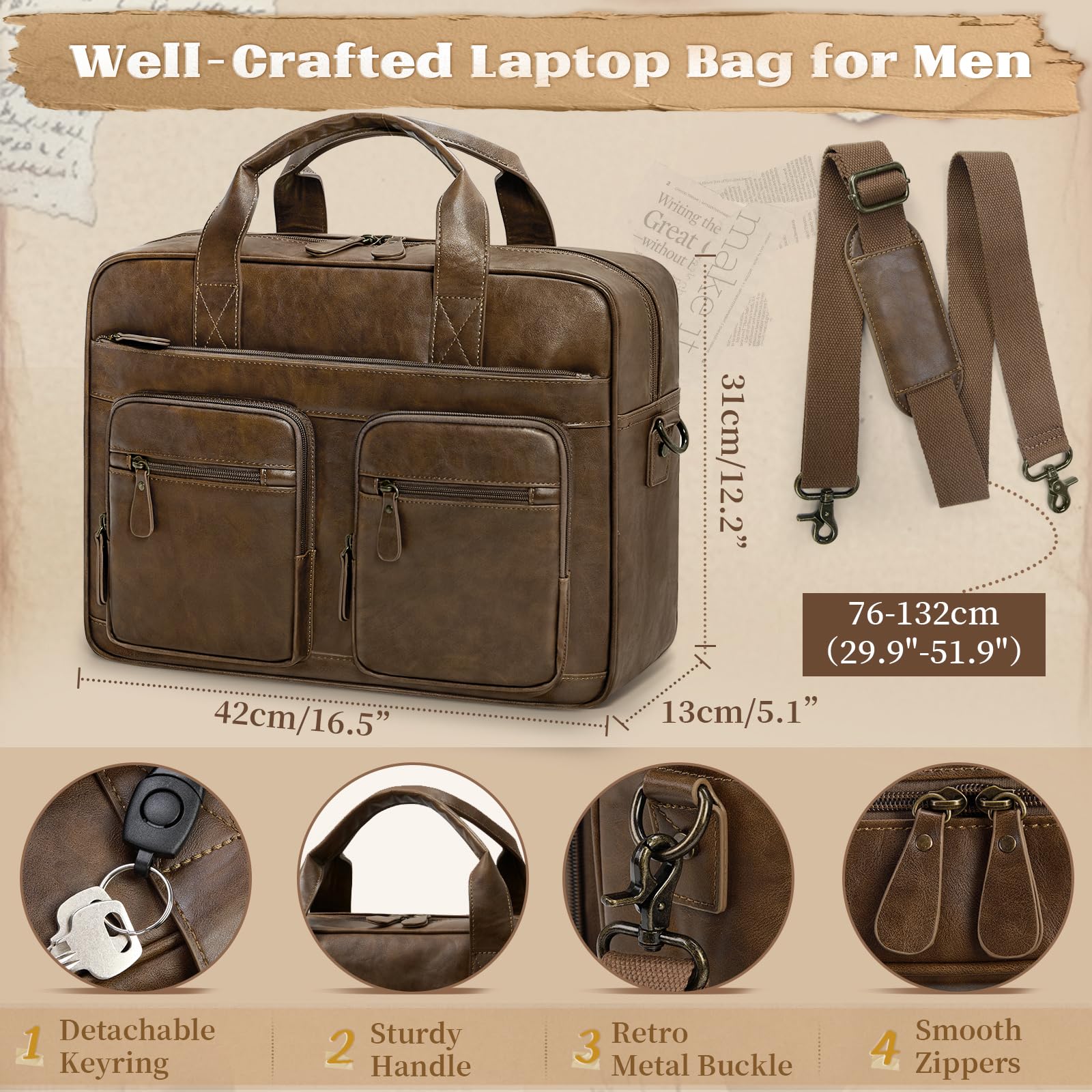 RAINSMORE Arbeitstasche Herren Vintage Aktentasche Laptoptasche 15.6 Zoll Wasserdicht Umhängetasche Ledertasche