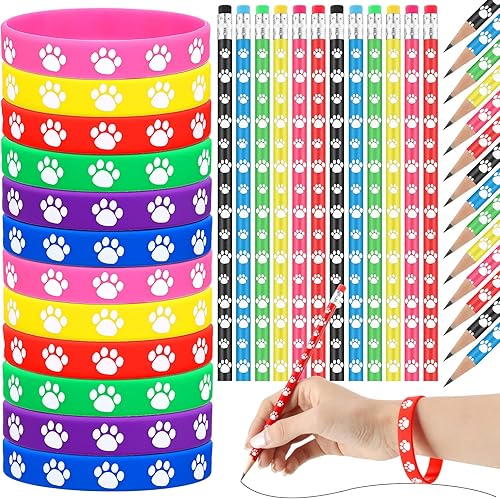 Harloon Juego de 120 pulseras de goma con estampado de patas, juegos de lápices, pulseras elásticas de silicona multicolor, pulseras elásticas de