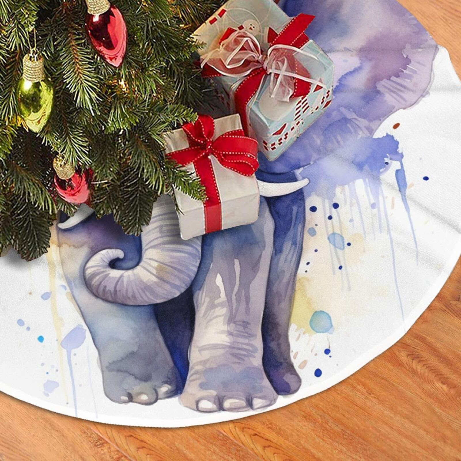 Fodpand Black Cute Elephant Watercolor Christmas Tree Skirt 36" Velvet Xmas Tree Skirt Mat Rustic Christmas Tree Mat Cover Winter Xmas Tree Collar For Indoor Outdoor Christmas Decorations