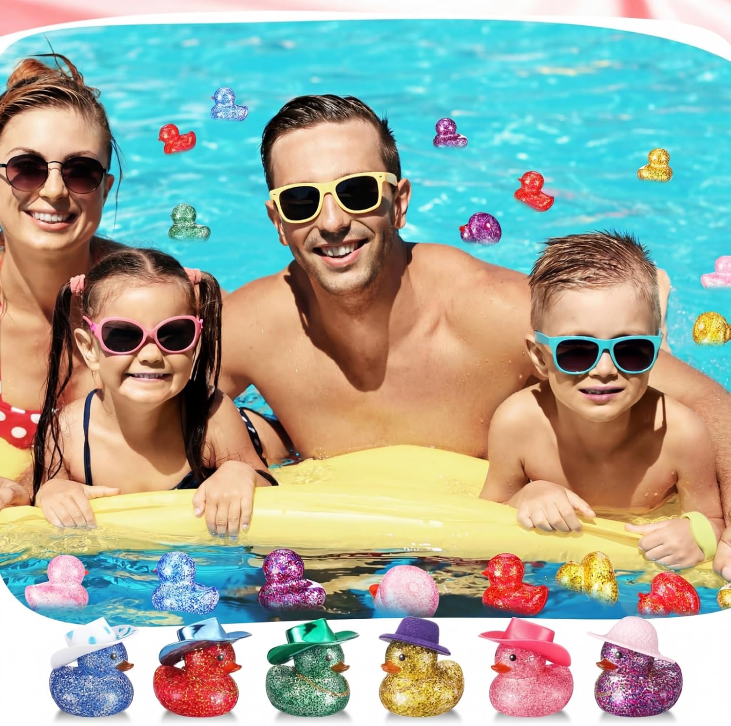 Realspring 200 Pcs Glitter Rubber in Bulk Summer Mini Rubber Ducks Bath Toy Accessories Sunglasses Necklace Hat for Baby Shower Birthday Swimming Party Gift Favor, 2 Inches