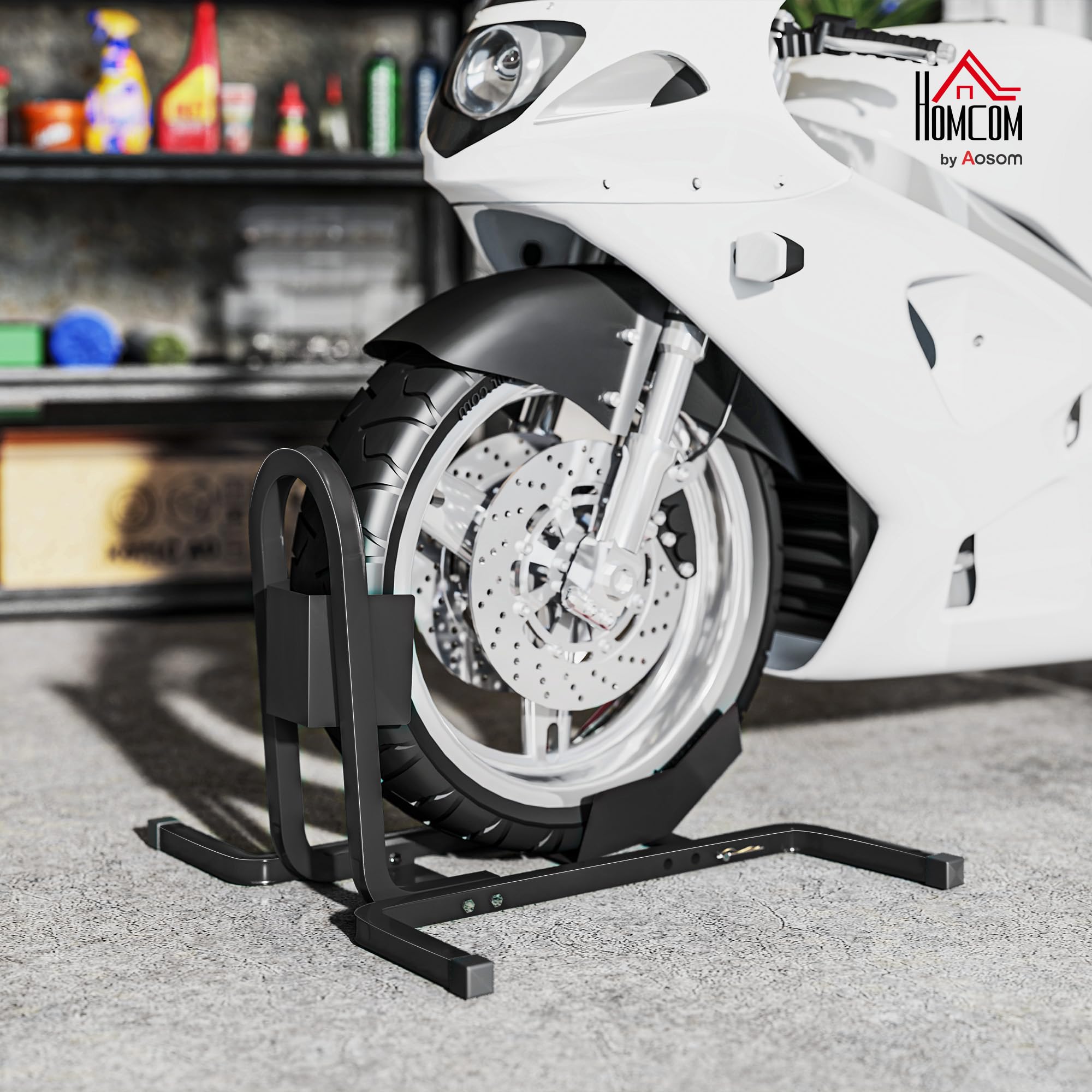 HOMCOM Caballete de Moto Delantera para Ruedas ∅43, 48, 53 cm Negro | Soporte para Rueda Delantera de Moto, Ajustable en 3 Niveles, Metal Robusto