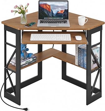 VECELO Corner Desk, Triangle Computer Desk for Small Space with Charging Station and Keyboard Tray, Corner Makeup Table with Storage Shelves for Home Office Bedroom, 41x30, Light Walnut