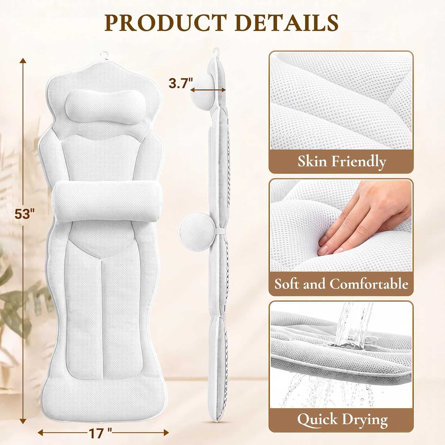 Full Body Bath Pillow for Bathtub,Thick Bathtub Cushion Mat with Neck,Adjustable Lumbar Support,Non-Slip Suction Cups,Quick Dry 5D Mesh Tub Pillow for Home Spa Relaxation