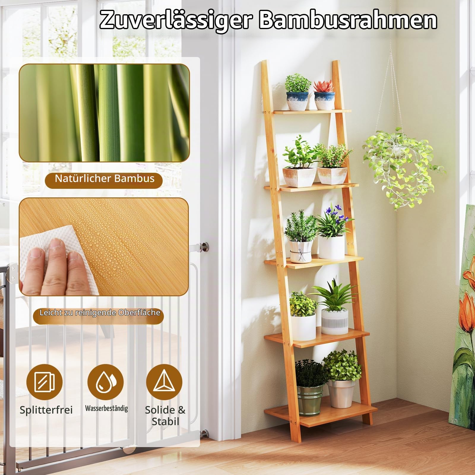 HOMASIS Leiterregal mit 5 Ebenen, Bücherregal aus Bambus, schmales Aufbewahrungsregal Standregal für Wohnzimmer, Schlafzimmer, Arbeitszimmer, 43 x 38,5 x 164 cm, Natur