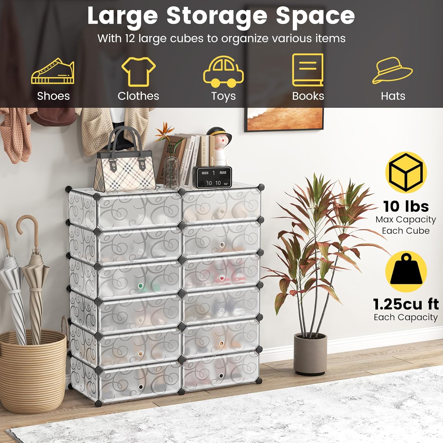 Tangkula 12-Cube Shoe Rack Organizer, DIY Cubes Storage Cabinet, Modular Plastic Shoes Cabinet with Transparent Doors, 6-Tier Portable Shoe Tower Shelf Storage Stand for 24 Pairs Shoes (White)