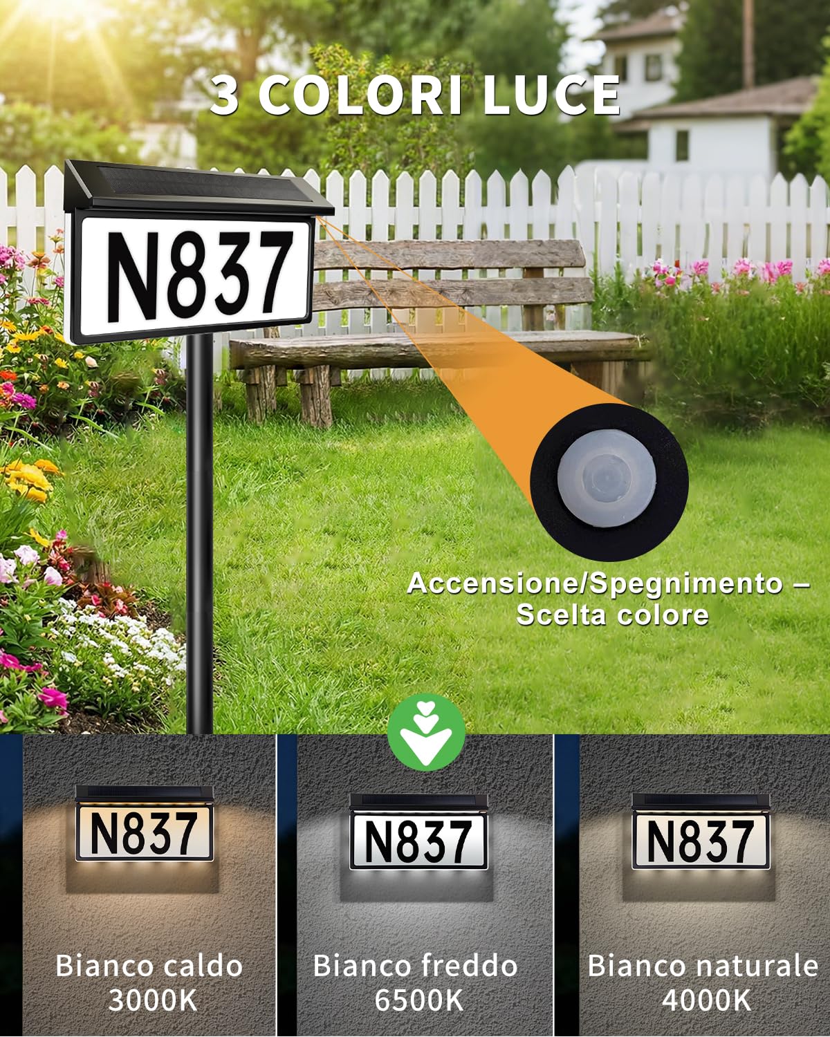 Lampada Solare per Numero Civico, 56 LED, IP65 3000K/4500K/6000K | batteria 2000mAh, montaggio a piolo o parete, include 26 lettere e 30 numeri, ideale per ingresso e giardino