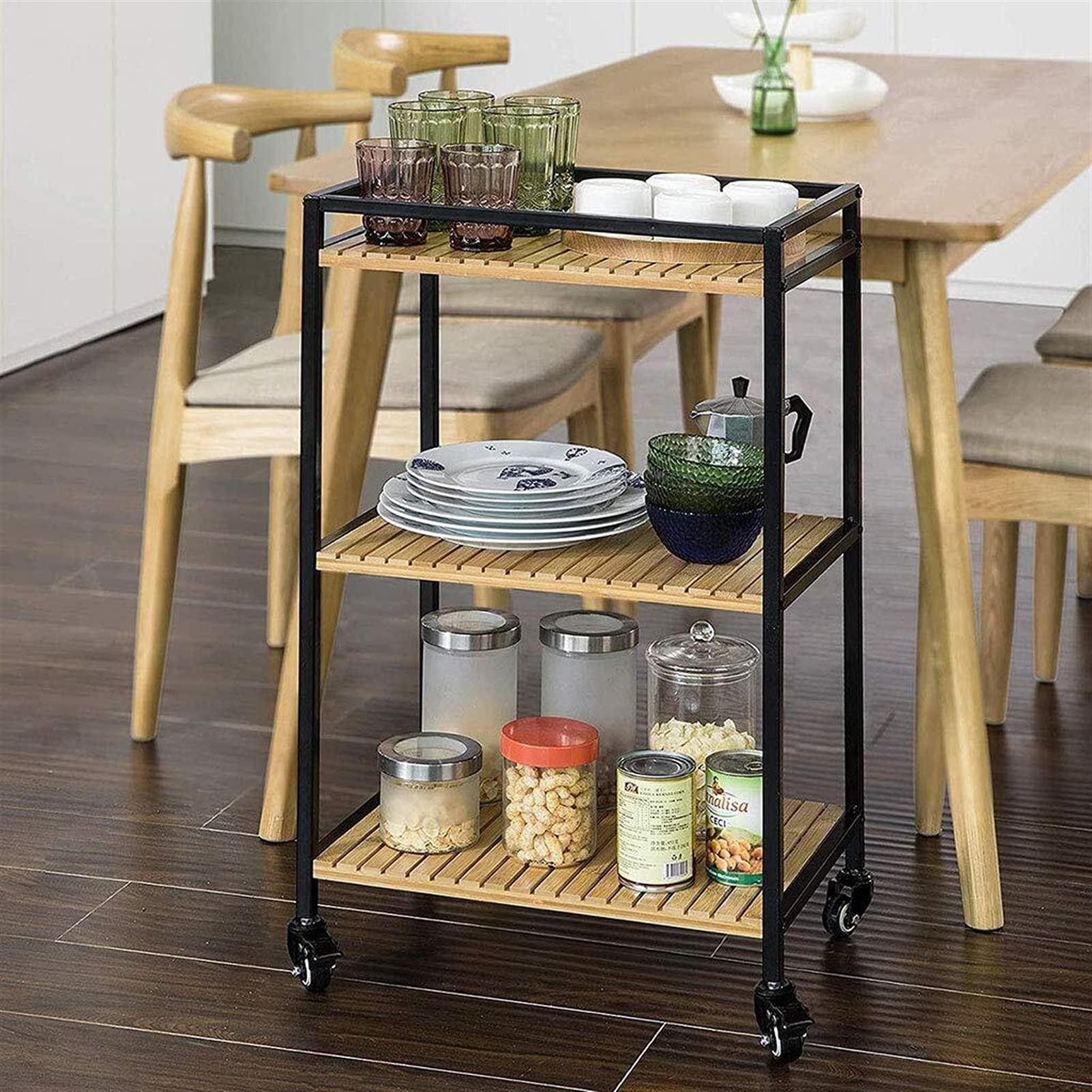 Carrello di Servizio a 2 Livelli in Ferro battuto Casa Ristorante Hotel Ruota dell'Acqua del Vino Condimento Portapiatti per Frutta Carrello portaoggetti Multifunzionale (Nero, 78