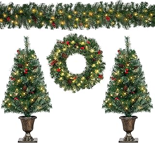 4 Pieces Christmas Decoration Set, Pre-lit Wreath, Garland, Set of 2 Entrance Trees with Red Berries, Pine Cones & Hanging Hooks, Timer Functional Indoor Holiday Decor for Porch & Front Door