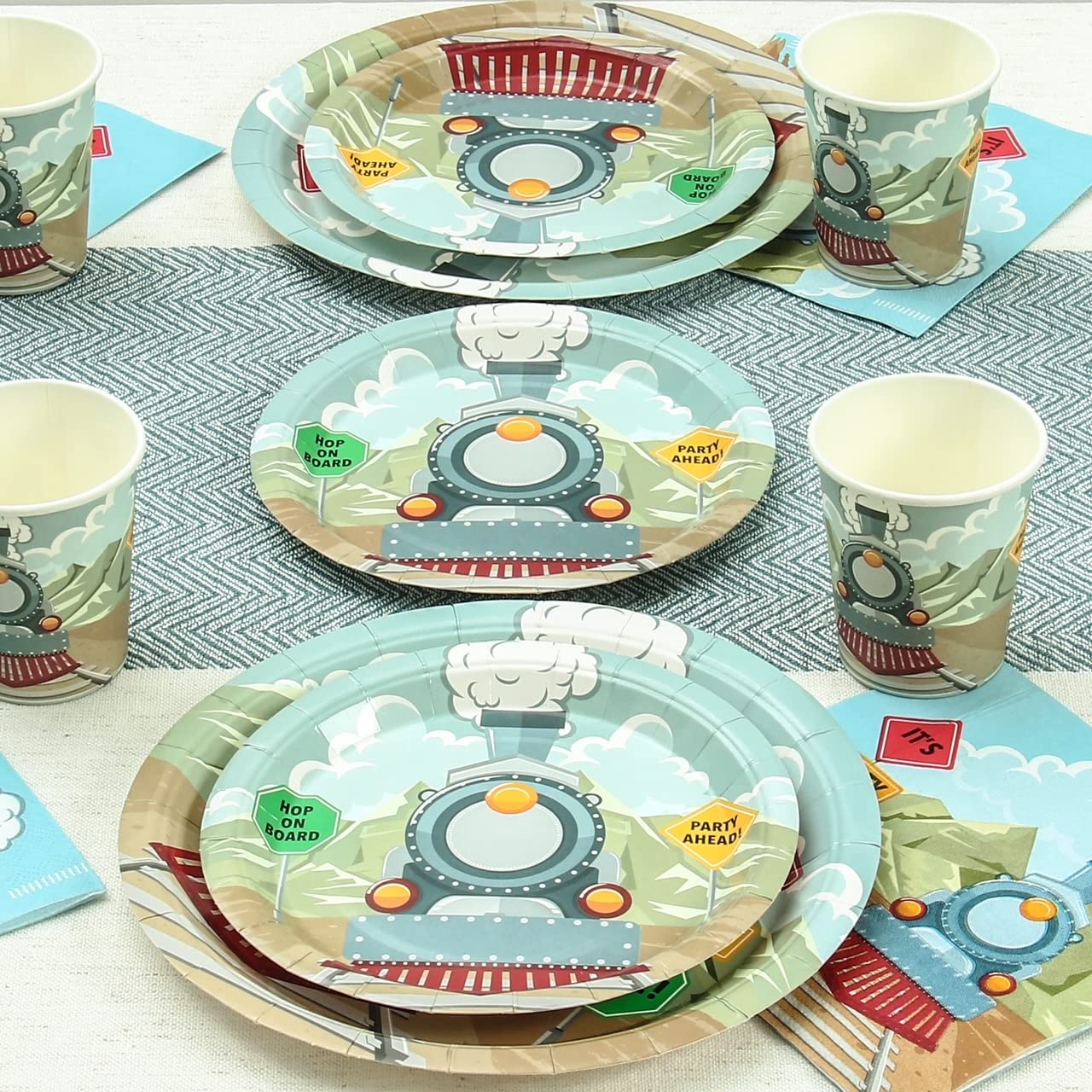 Train Birthday Party Supplies Kit - Serves 24 Guests With Plates, Cups & Napkins