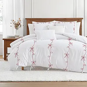 Peri Home Bow Bedding Duvet Cover Cottage Core Vintage Country 100% Cotton 3-Piece Set, King, Chili Red Sasha Bows
