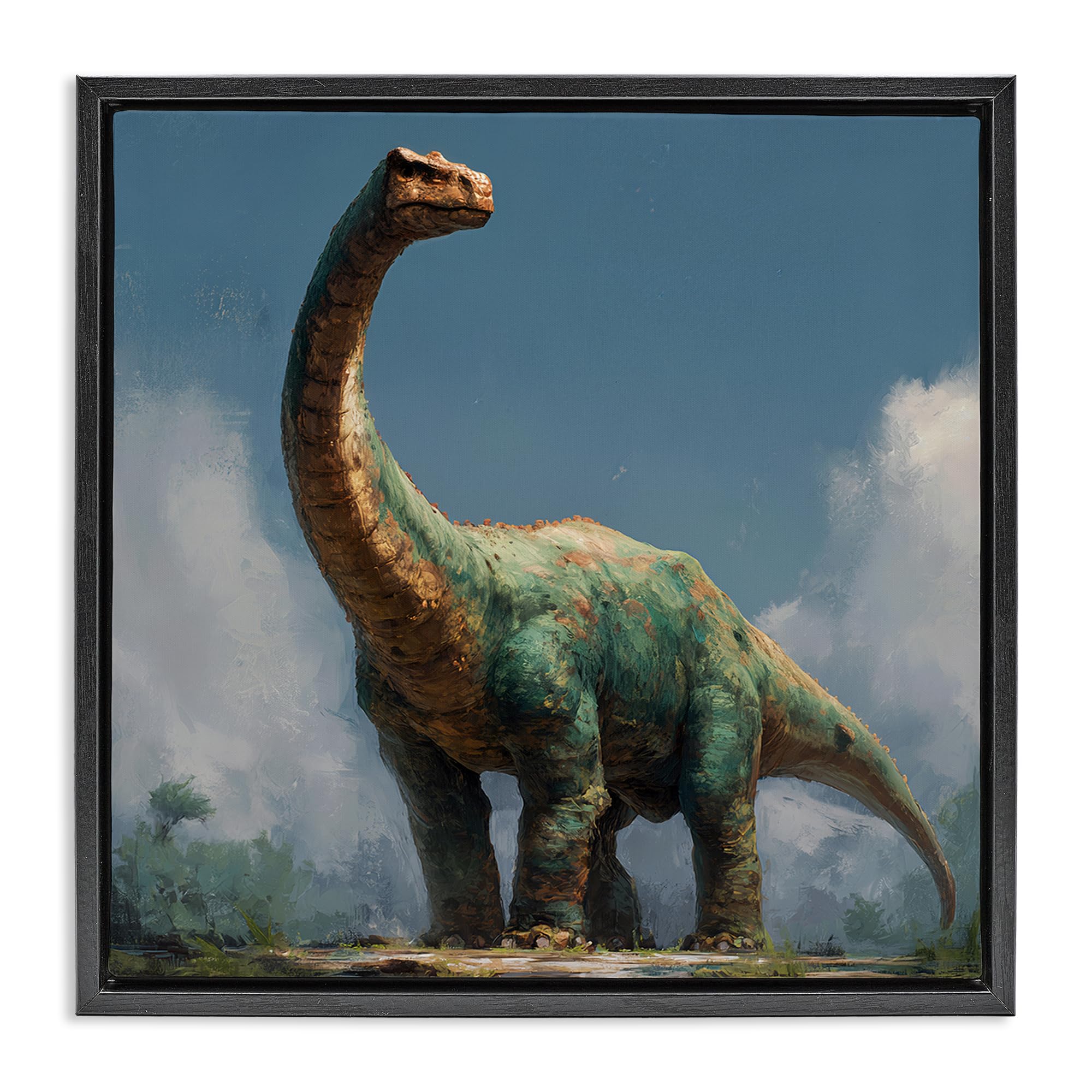 Stupell Industries Jet Black (Matte) 'Colossal Brontosaurus In Meadow'| Floating Frame Canvas Art
