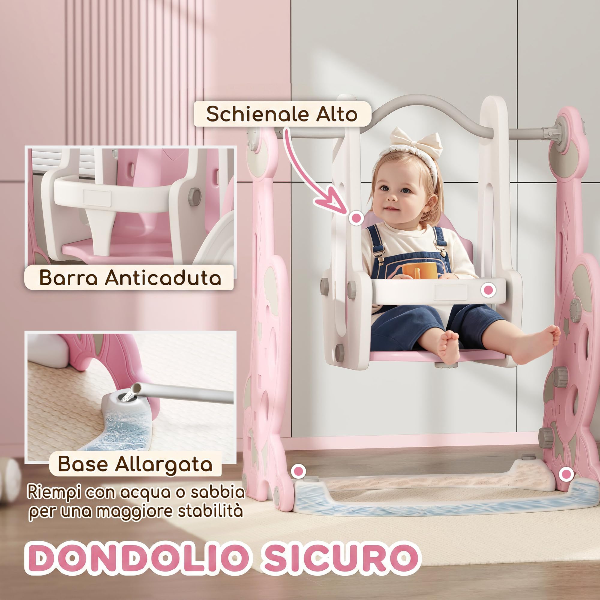 AIYAPLAY Scivolo per Bambini 4 in 1 con Altalena da 18-48 Mesi Rosa | Scivolo da Giardino Autoportante, Scaletta da Arrampicata, Cestino da Basket, Set Parco Giochi per Interni ed Esterni
