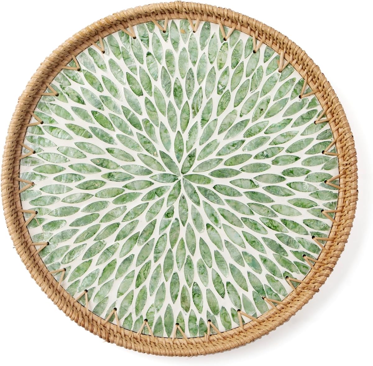Round Rattan Tray with Mother of Pearl Inlay, Wooden Base