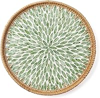Aayoruro Round Rattan Serving Tray with Mother of Pearl Inlay - 11.8" Wicker Decorative Tray for Fruit, Bread, Coffee - Boho Farmhouse Home Decor
