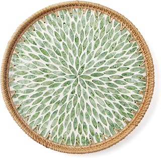 Aayoruro Round Rattan Serving Tray with Mother of Pearl Inlay - 11.8" Wicker Decorative Tray for Fruit, Bread, Coffee - Boho Farmhouse Home Decor