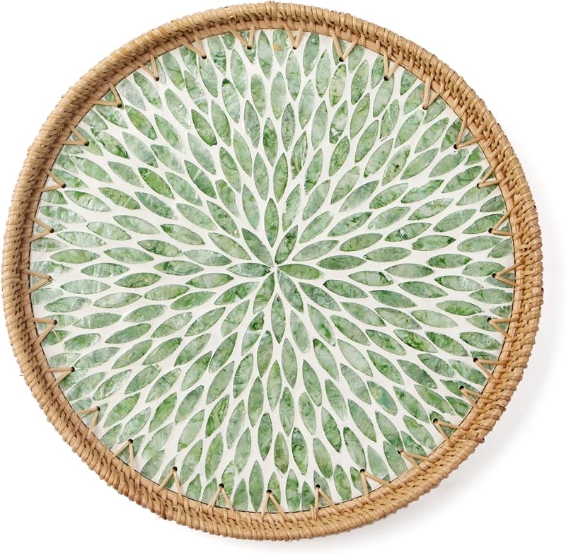 Round Rattan Tray with Mother of Pearl Inlay, Wooden Base