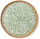 Round Rattan Tray with Mother of Pearl Inlay, Decorative Wicker Serving Tray with Wooden Base, Woven Basket Trays for Bread Fruits Coffee, Leaf