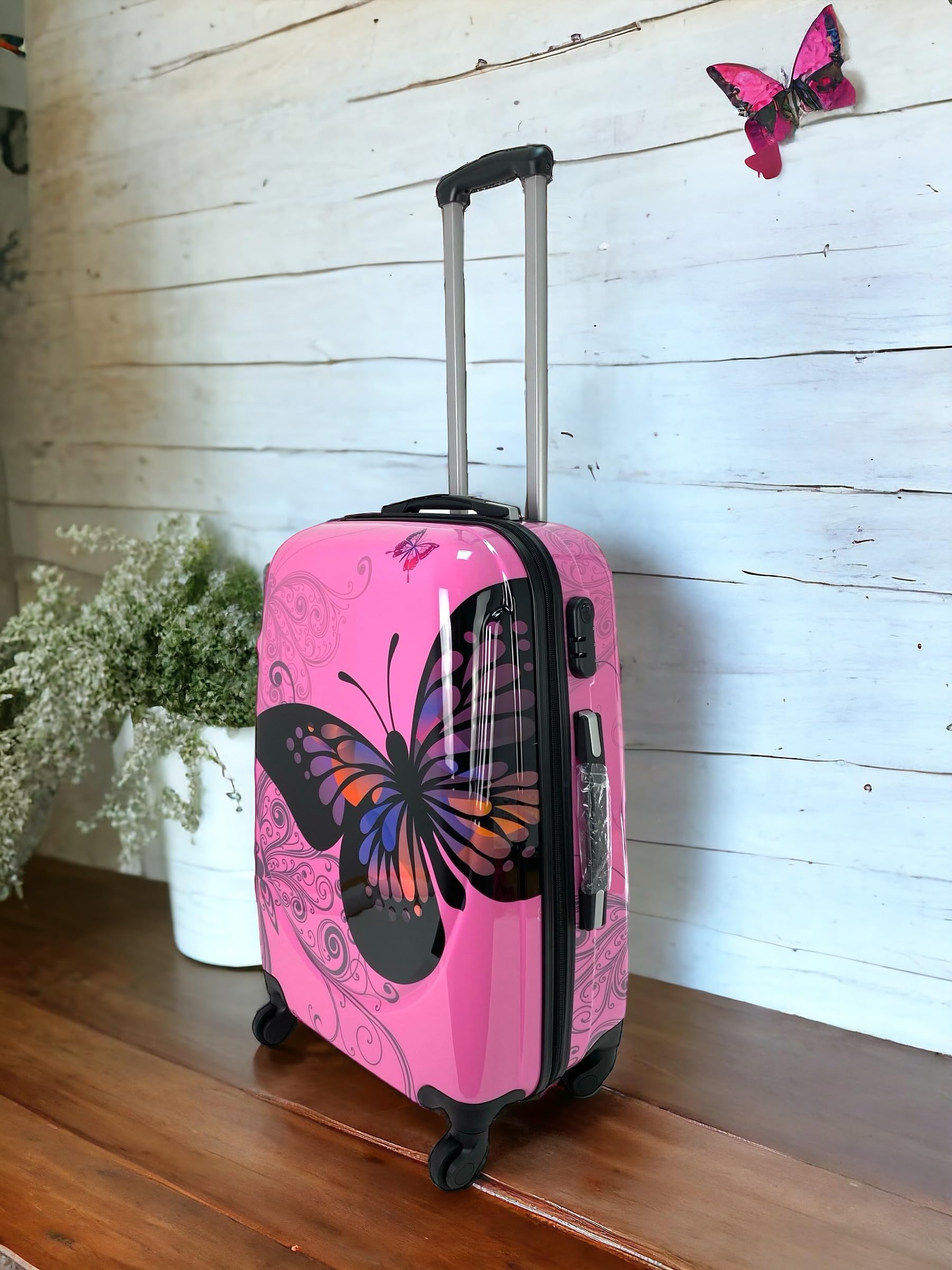 Maleta de Viaje Equipaje para Viajar en avión 4 Ruedas giratorias Estampado Mariposa candado de combinación (Mediana - Rosa)
