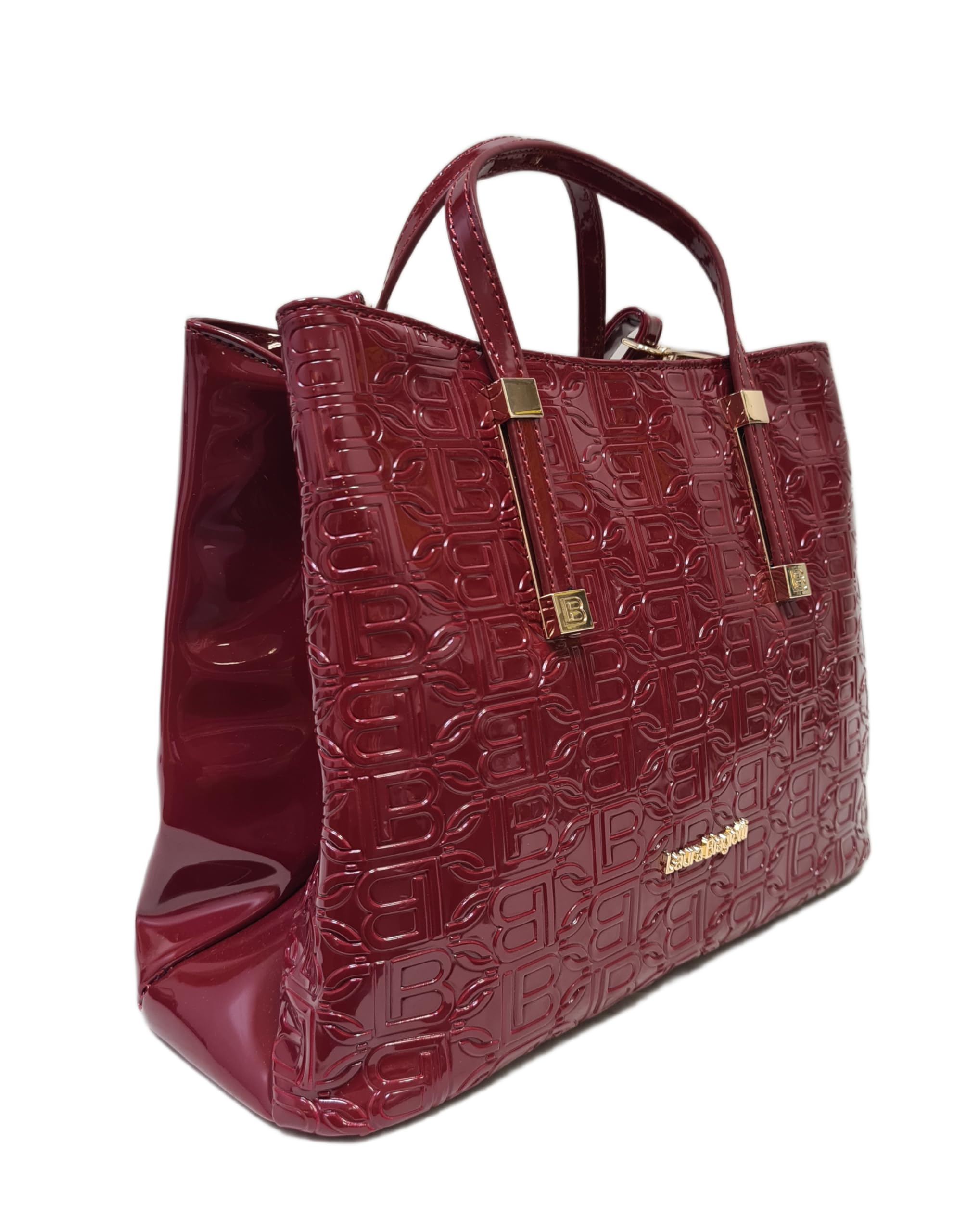 Laura Biagiotti Borsa Donna Linea Arcade, Pelle Sintetica Verniciata, Stampa LB, Manici Doppi e Tracolla Rimovibile, Dimensioni 30x12x22 cm, Accessori Oro ART.LB25W-250-1