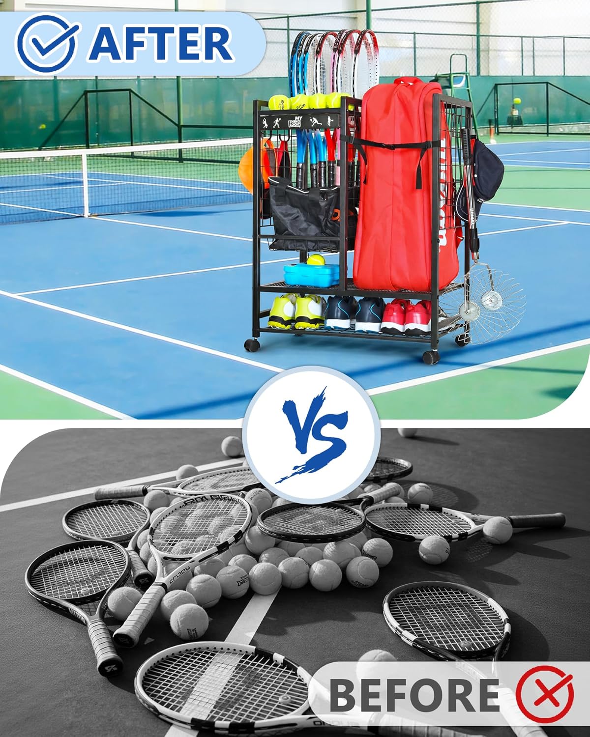 Mythinglogic Tennis Bag Storage Rack, Tennis Racket and Ball Organizer, Tennis Equipment Holder for Garage, Club, School