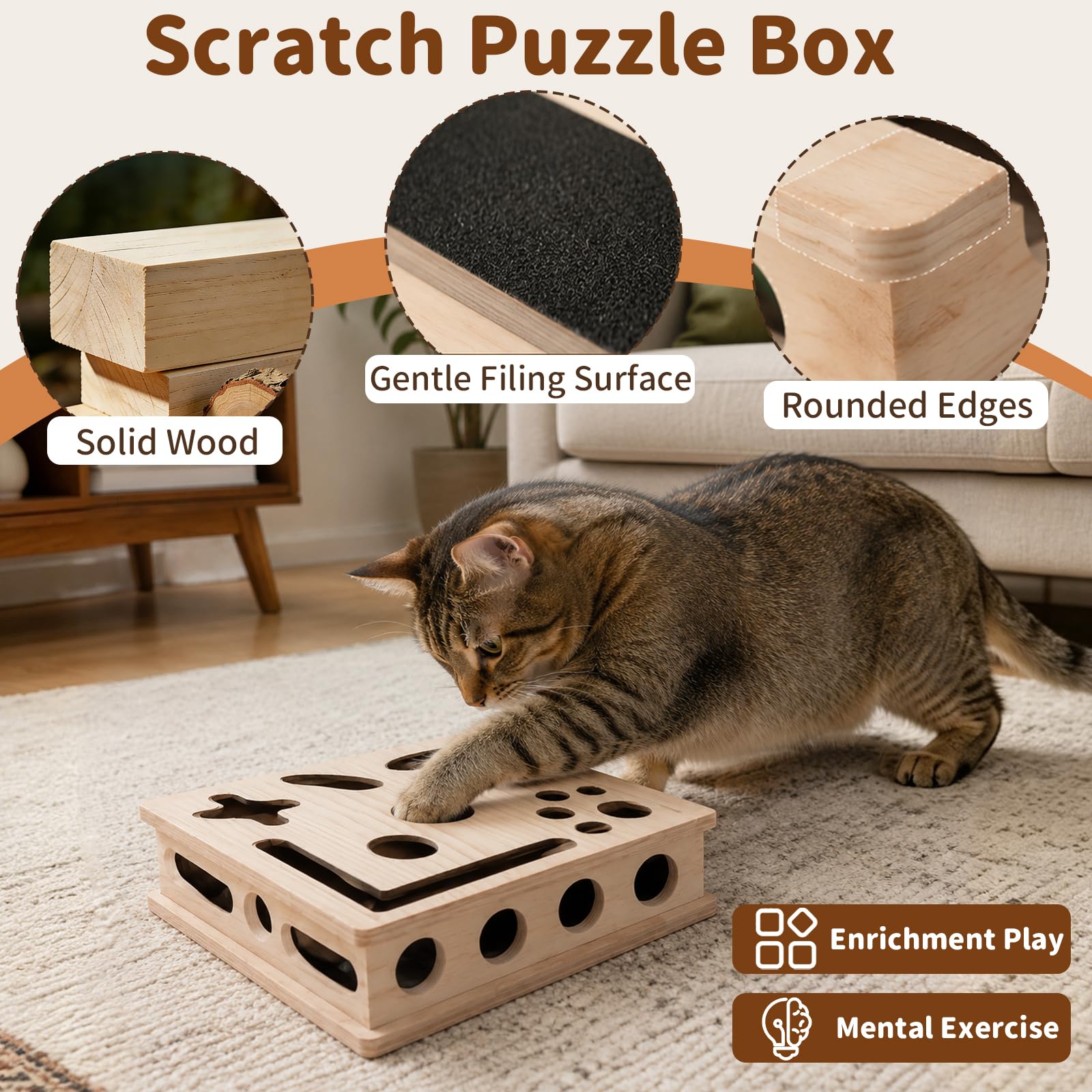 HA BIN 2-in-1 Kratzpuzzle für Katzen – Interaktives Katzenspielzeug mit Sandpapier-Nagelfeile, Holz Kratzbrett & Futterlabyrinth gegen Langeweile, Activity-Center für Wohnungskatzen