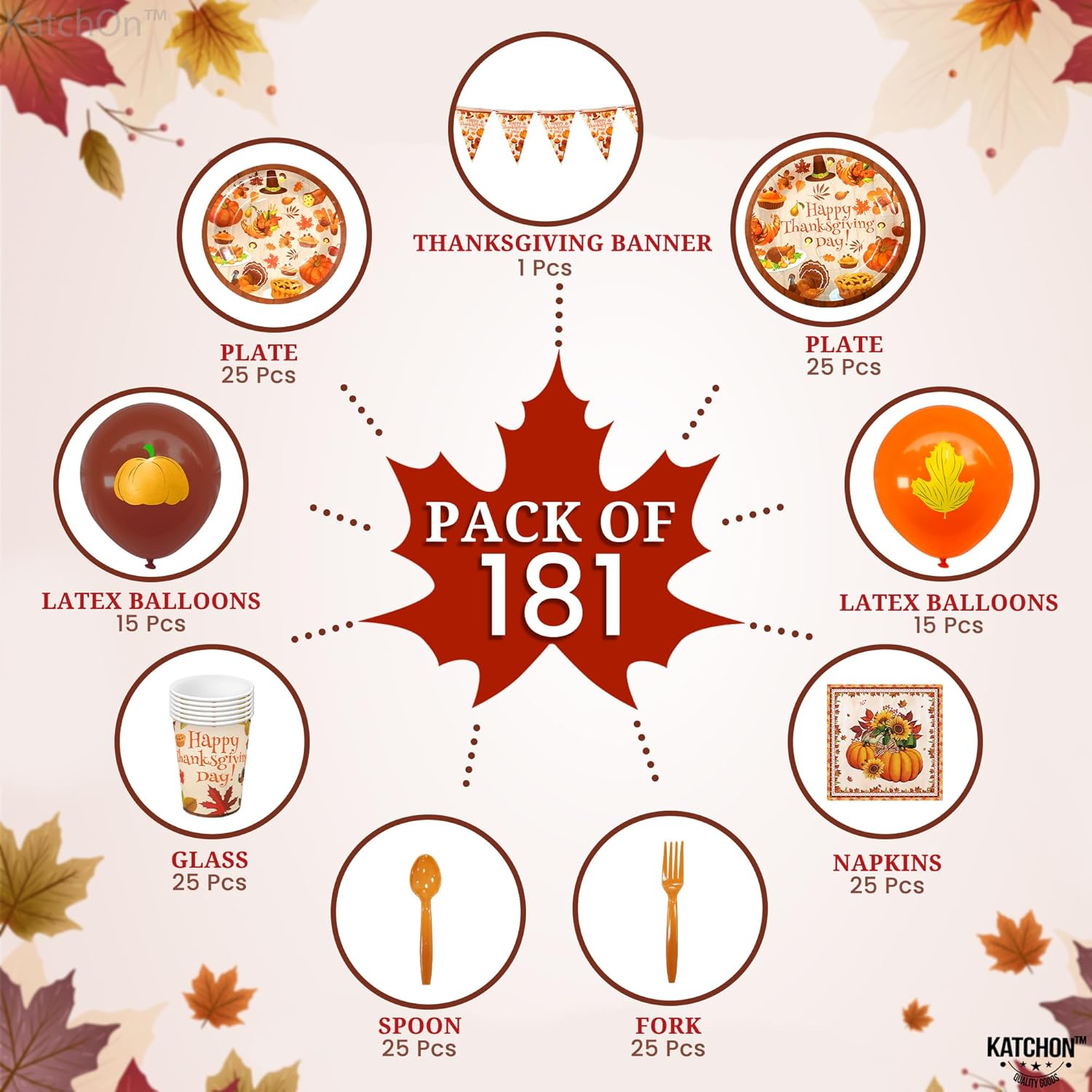 KatchOn, Thanksgiving Table Decor - Huge 190 Pcs (25 Guests) | Thanksgiving Centerpieces For Tables, Thanksgiving Plates and Napkins Sets | Thanksgiving Table Decorations, Thanksgiving Party Supplies