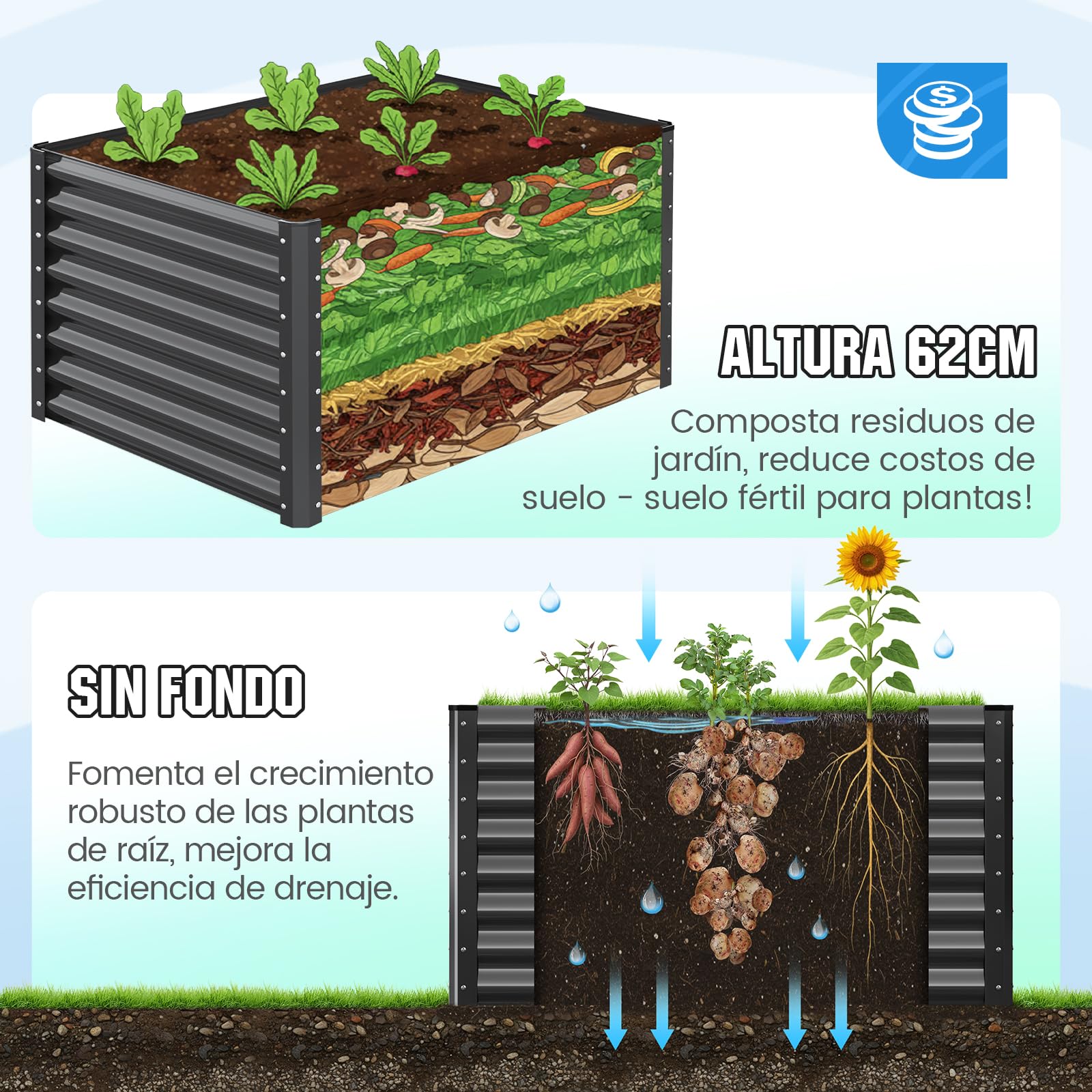 Quictent Jardineras Elevadas de Metal Galvanizado, Macetero Sin Fondo para Verduras con Jaulas para Tomates Incluidas, 120x90x62cm