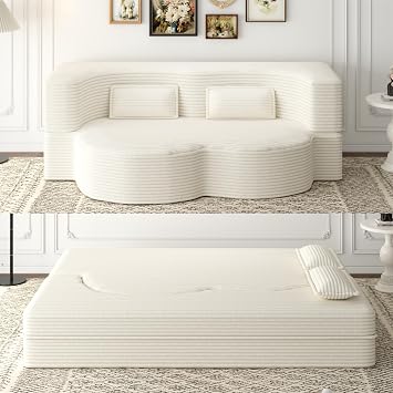 Hommoo Convertible Sleeper Sofa Bed Futon Sofa Folding Mattress Couch Full Size Corduroy 2 in 1 Compression Floor Lounge Couch High Density Foam for Living Room/Guest Room/Apartment Beige