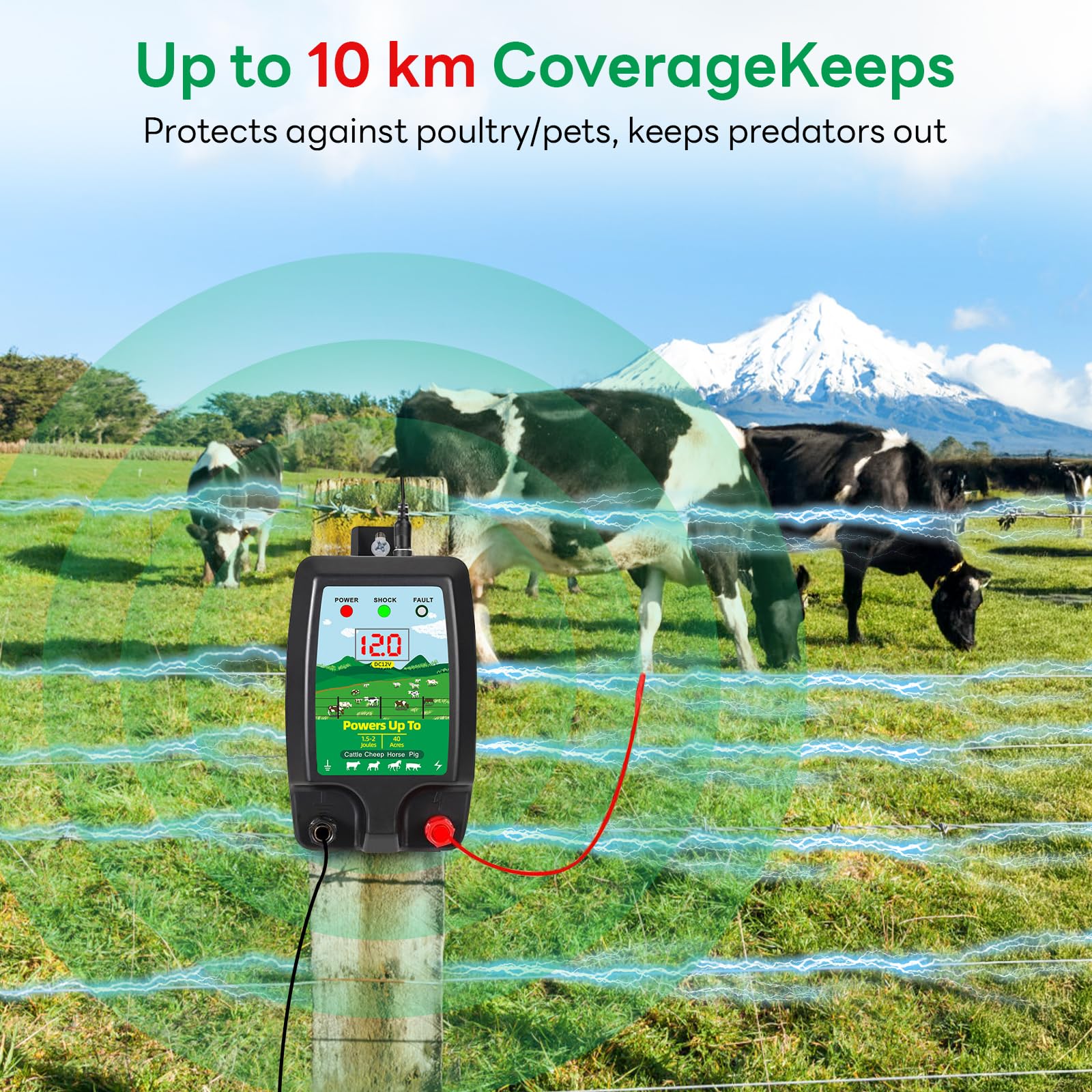 Dispositivo de cerca eléctrica de 12 V con pantalla LED, alcance 10 km, 2 julios, 12 kV, para proteger animales de granja, aves de corral, pastos y jardines