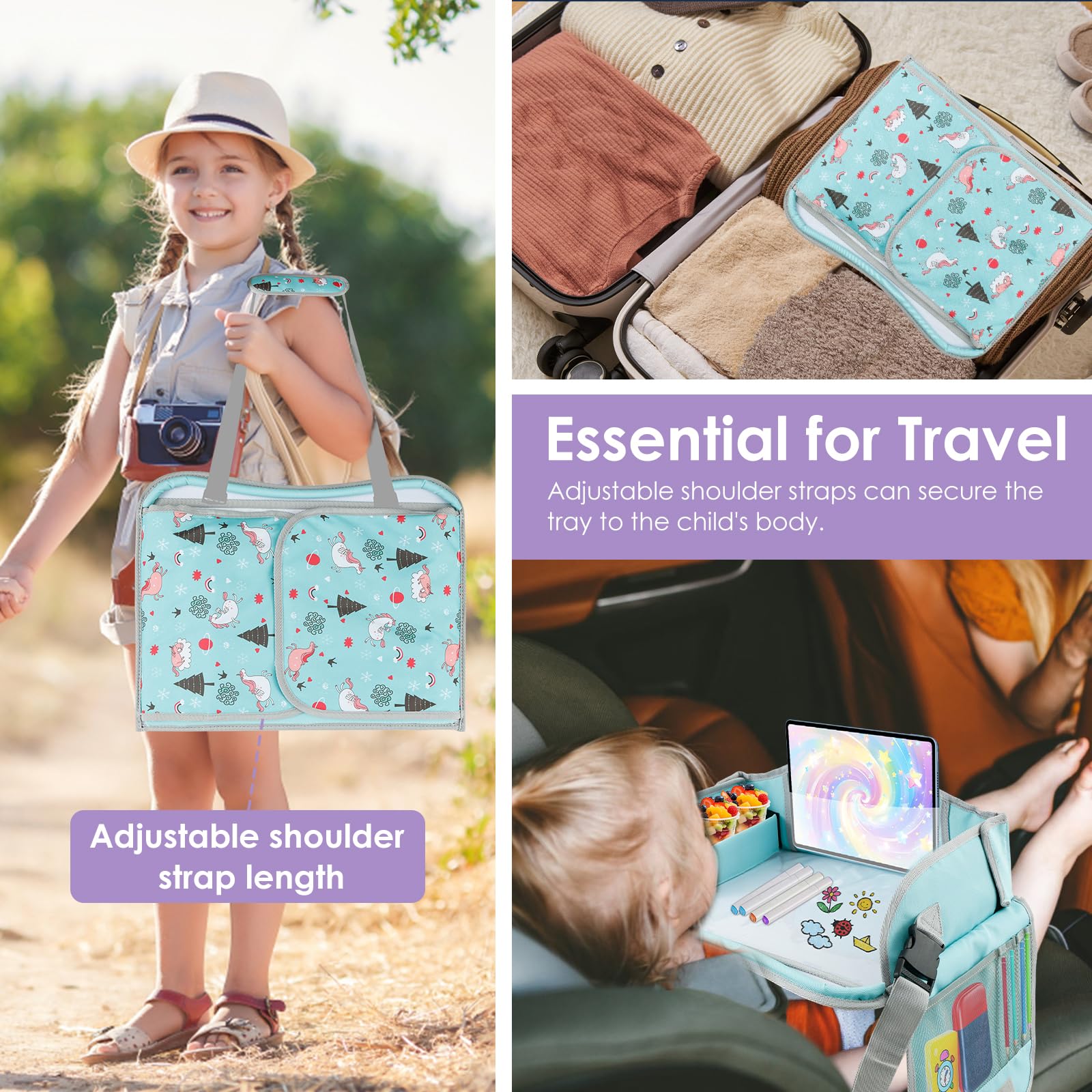 Tavolino da viaggio per bambini, seggiolino per auto, multifunzionale, regolabile, tavolino da gioco, tavolino da pranzo, tavolino per auto, aereo, parco (verde)