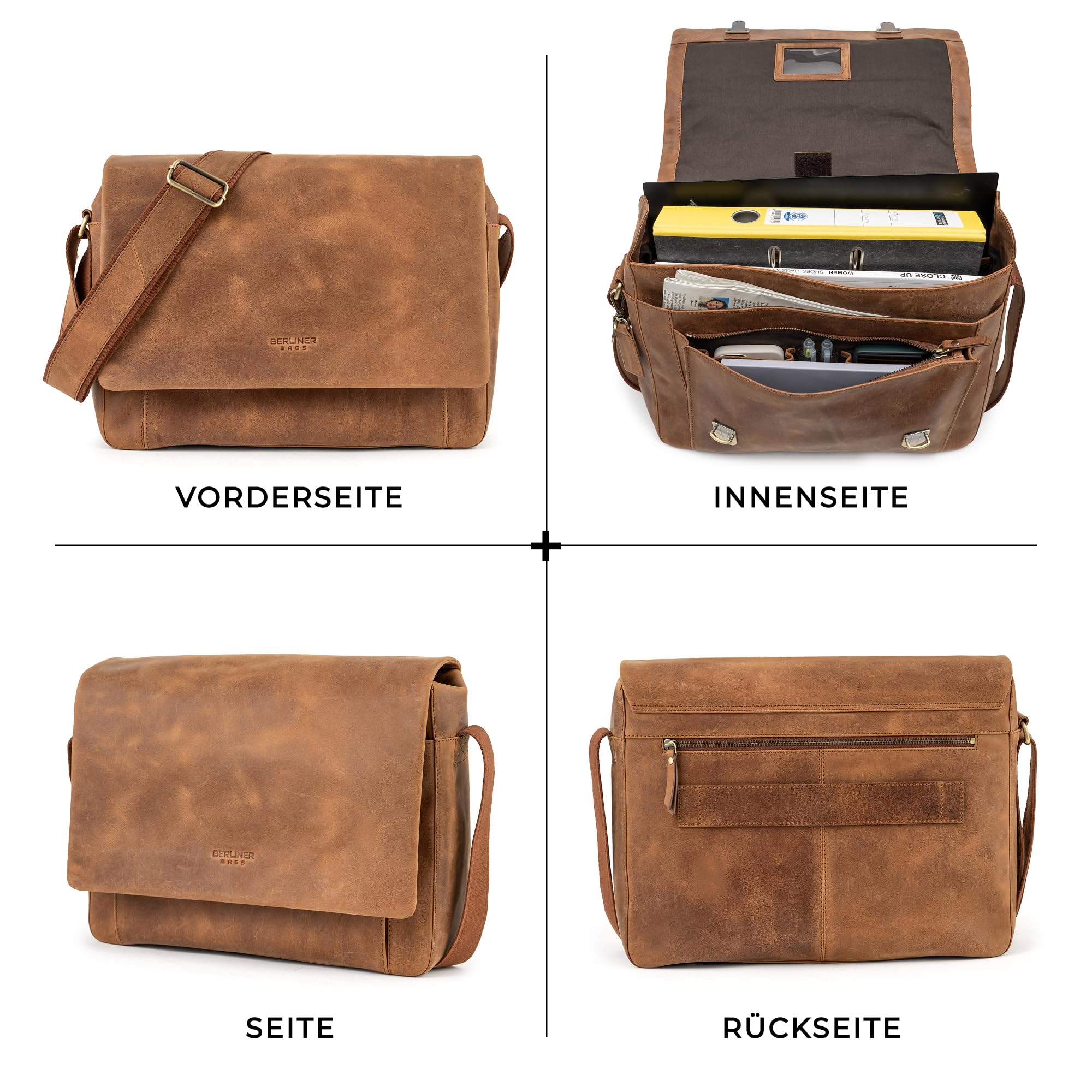 Berliner Bags Umhängetasche P-Berg Vintage, Messenger Bag aus Leder - Braun | Arbeitstasche & Umhängetasche für Herren, 17 Zoll Laptopfach & RFID-Schutz, verstellbarer Schulterriemen aus Echtleder
