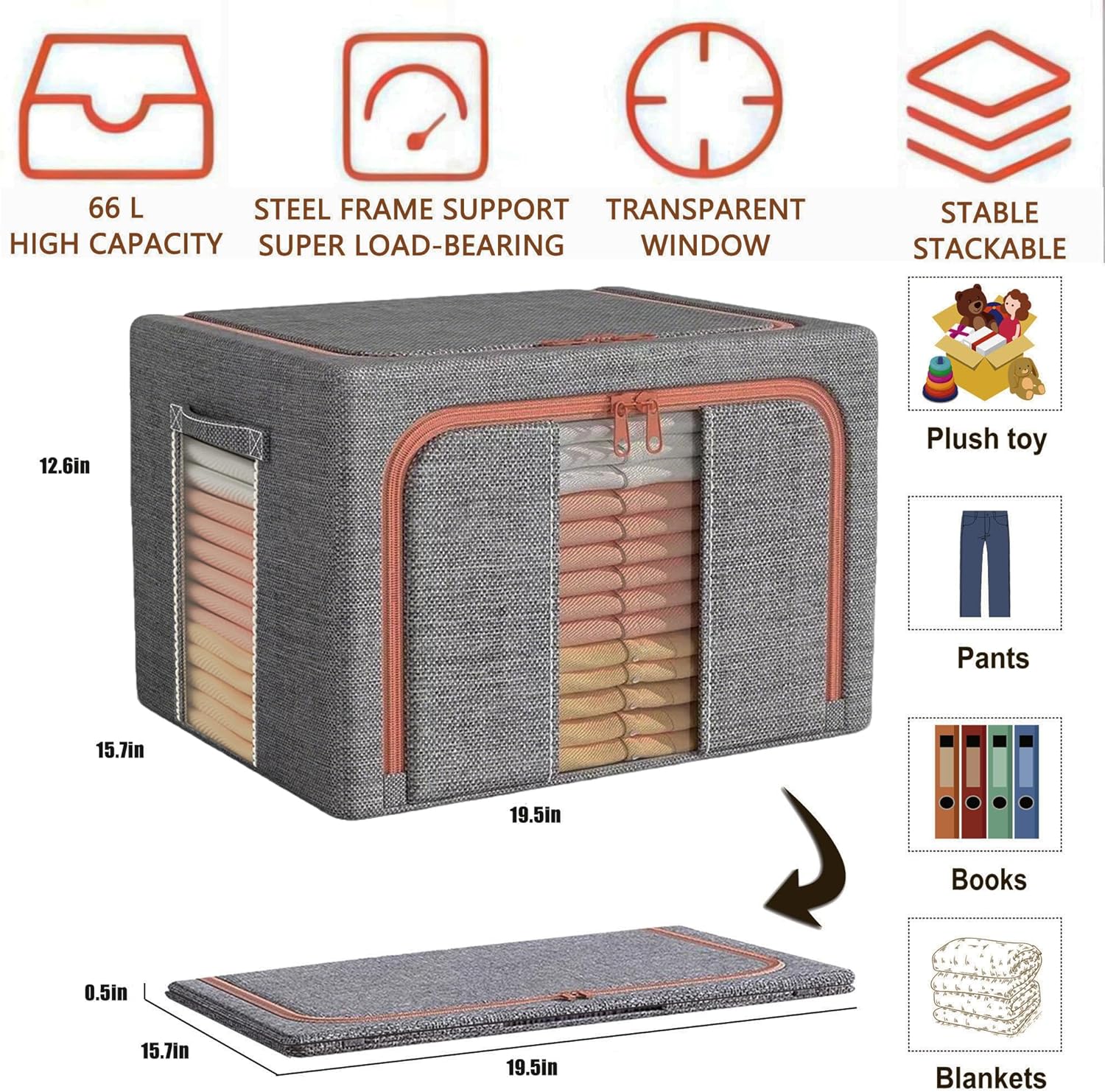 Wardrobe Storage Box (4 Pack) 66L Stackable and Foldable Clothes Storage Box with Metal Frame, Transparent Window and Handle for Bedding, Clothes and Other Items (Gray, 66L)