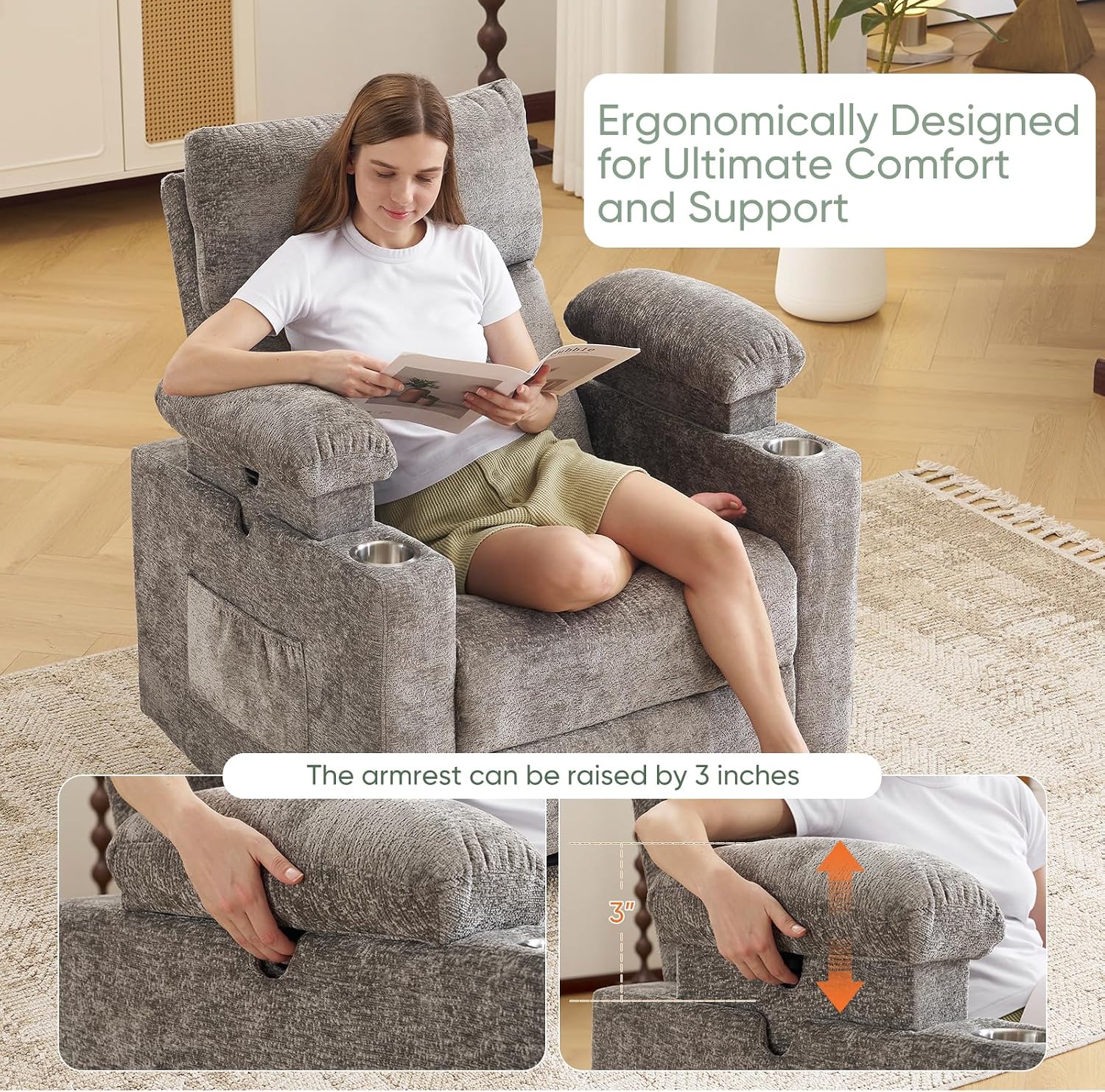 Rocking Chair Nursery with Adjustable Armrests for Breastfeeding, Glider Recliner Nursery Chair with Massage and Heat, Power Swivel Rocker Recliner with Adjustable Headrest, Chenille, Dark Grey