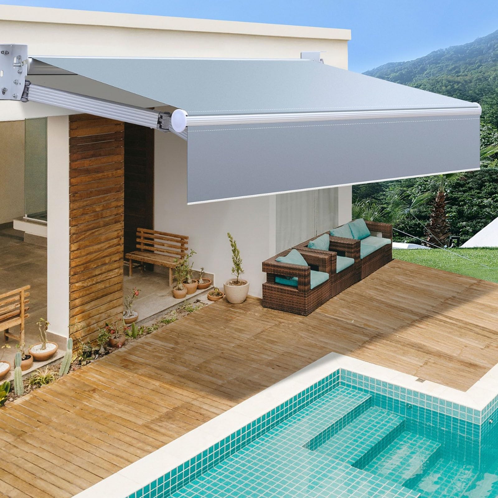 Tenda da sole retrattile con manovella, tessuto impermeabile e alluminio, 4 x 2 m, per esterni, per terrazza, giardino, terrazza, protezione UV, facile installazione