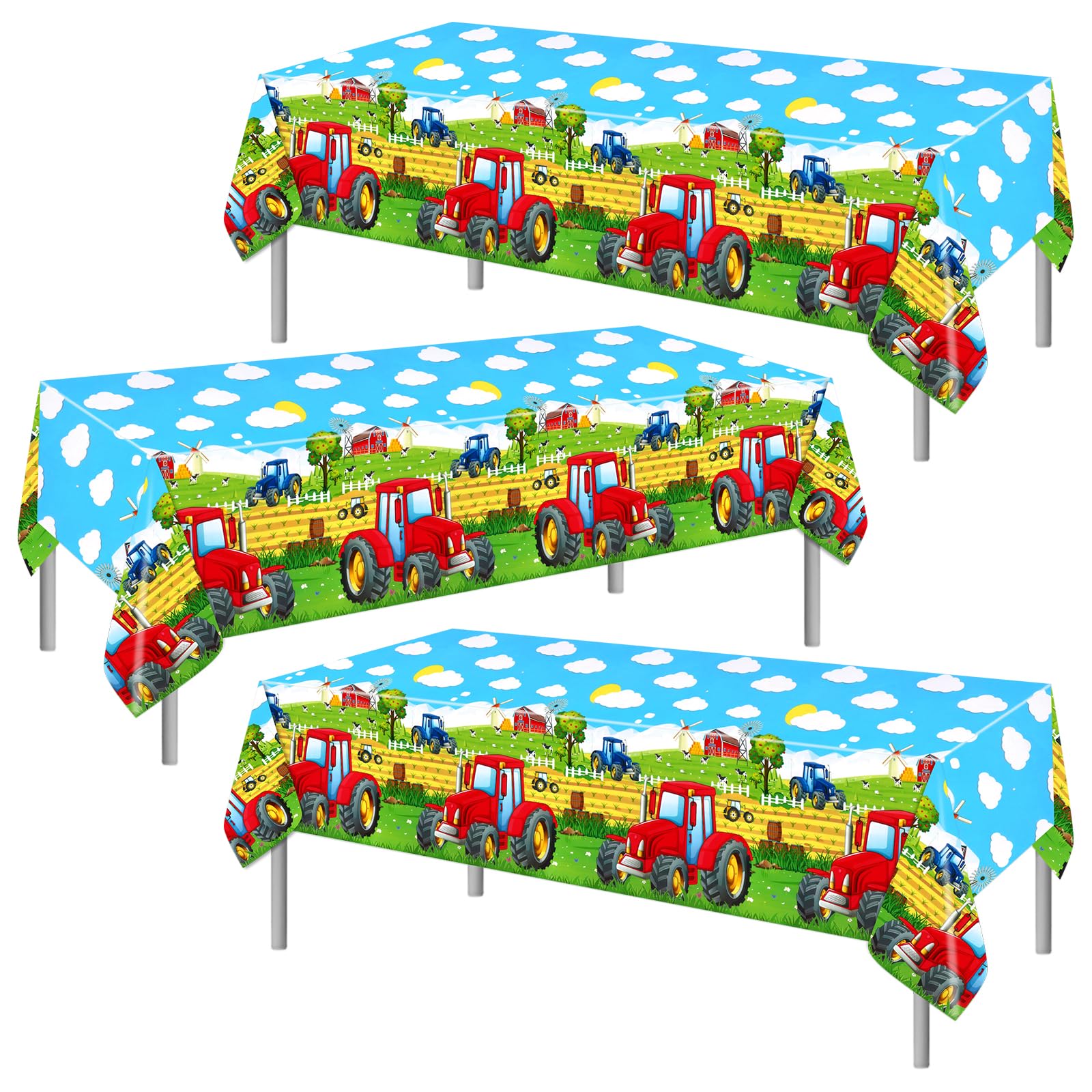 PHOGARY 3 Pack Tractor Tablecloth, Red Tractor Table Cloths Disposable Plastic Rectangular Table Covers for Baby Shower Farm Themed Birthday Party