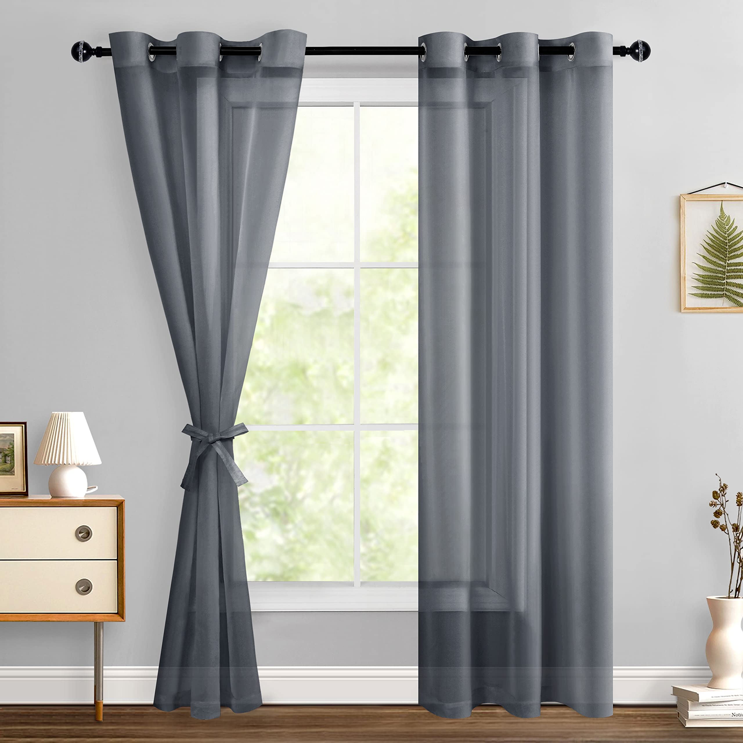 Hiasan Dark Grey Sheer Curtains for Bedroom with Tiebacks, Light Filtering Voile Textured Drapes Lightweight Grommet Window Curtains for Living Room,
