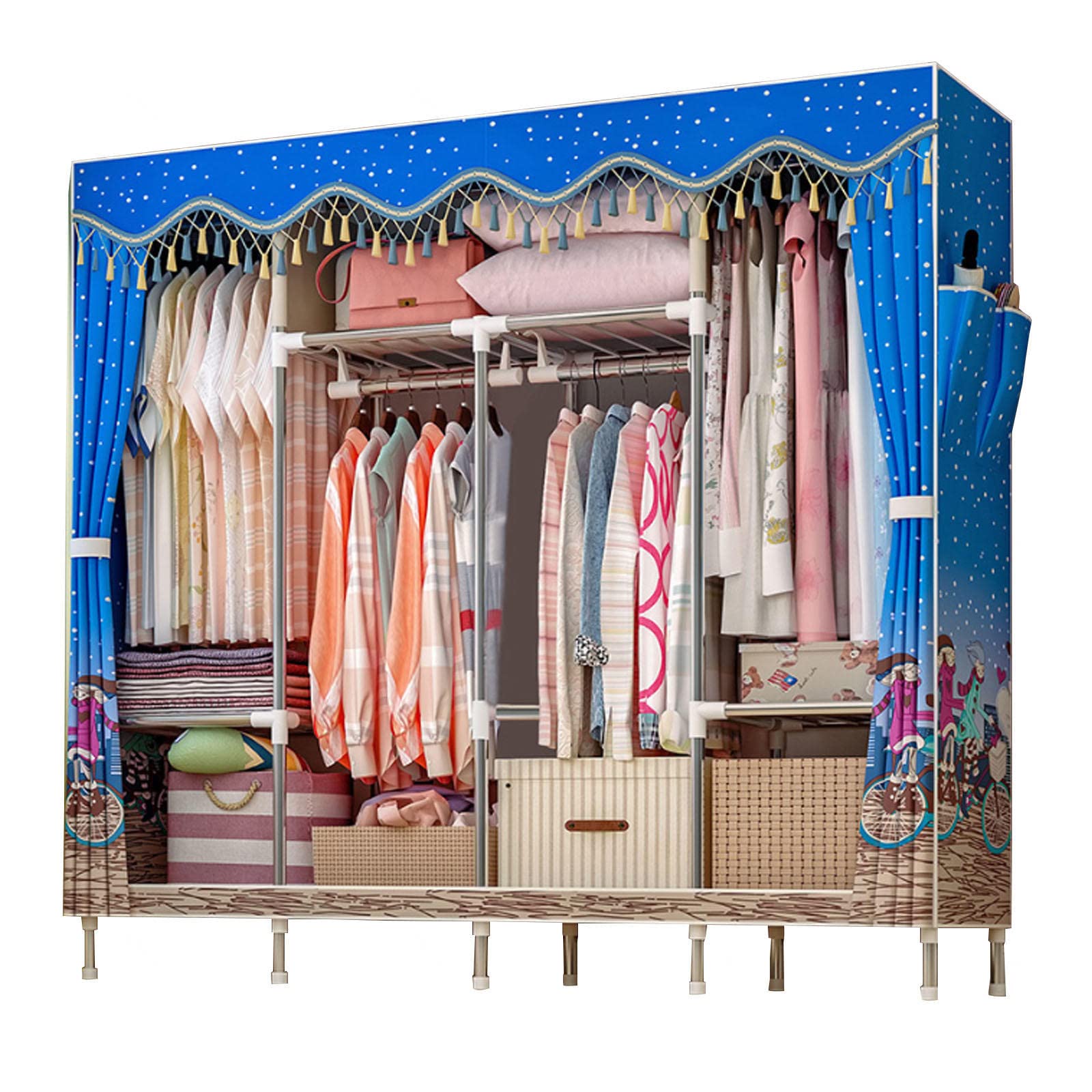 Armario de lona portátil con barra para colgar y estantes organizadores ropa 166x46x172cm