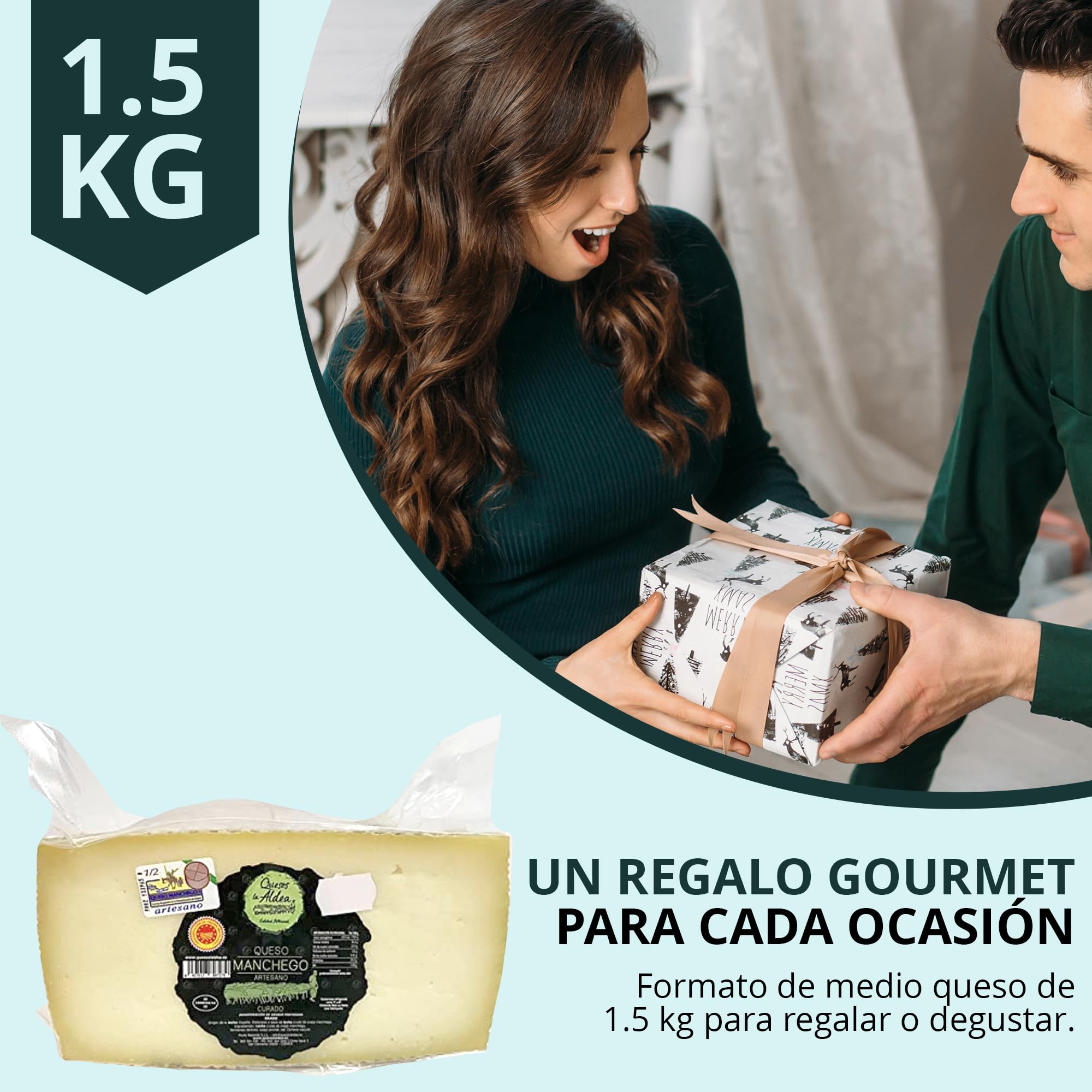 QUESOS LA ALDEA | Queso Manchego Curado de Oveja Artesano de Origen D.O. | Queso Gourmet 1.5 kg | Perfecto para Packs Regalo de Quesos gourmet, Cesta y Regalo Gourmet | Queso Curado