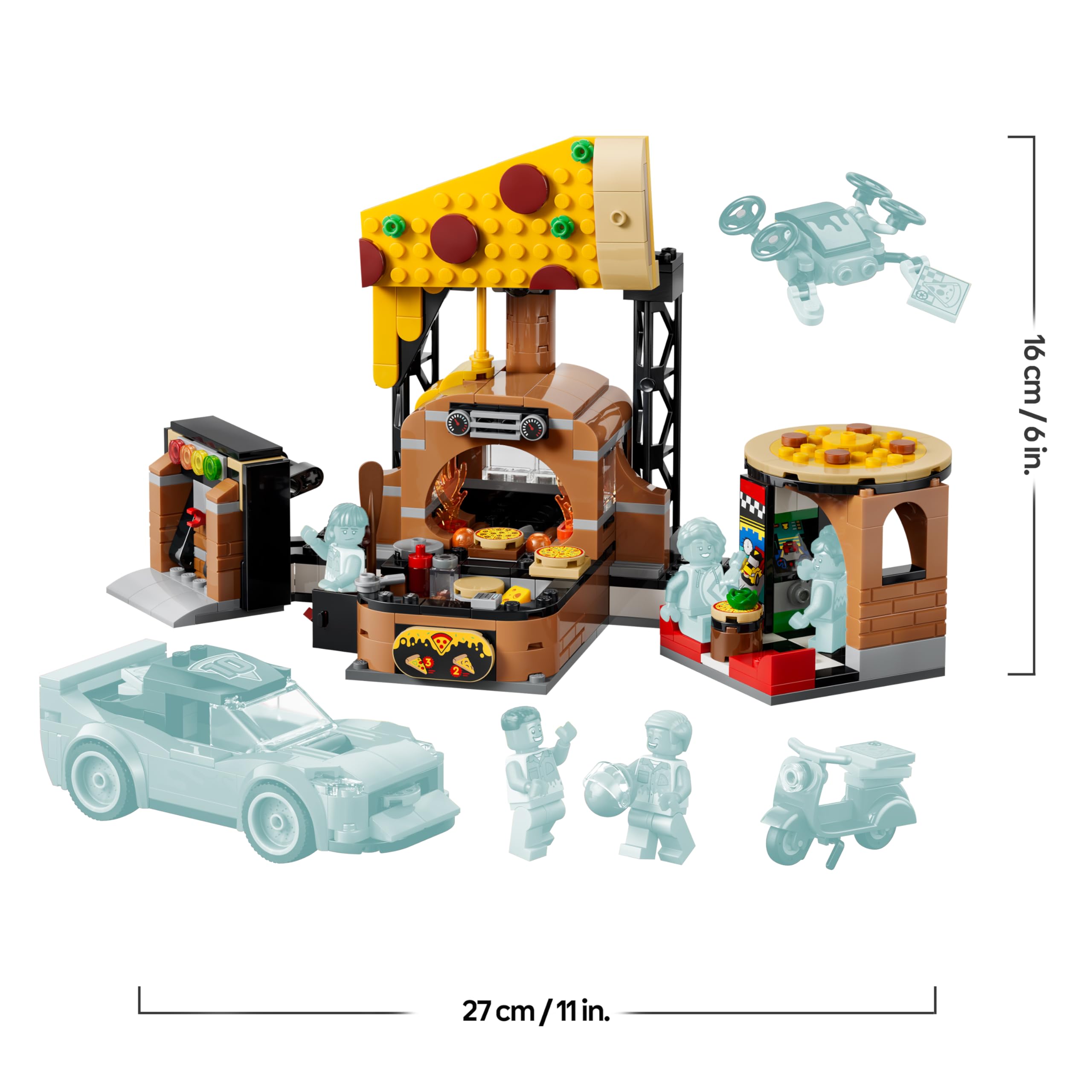 LEGO City Experiencia de Pizza a Domicilio con Vehículos – Coche, Moto y Dron de Juguete, Comida, Máquina Recreativa y 4 Minifiguras – Regalo de Cumpleaños para Niños de 6+ Años – 60496