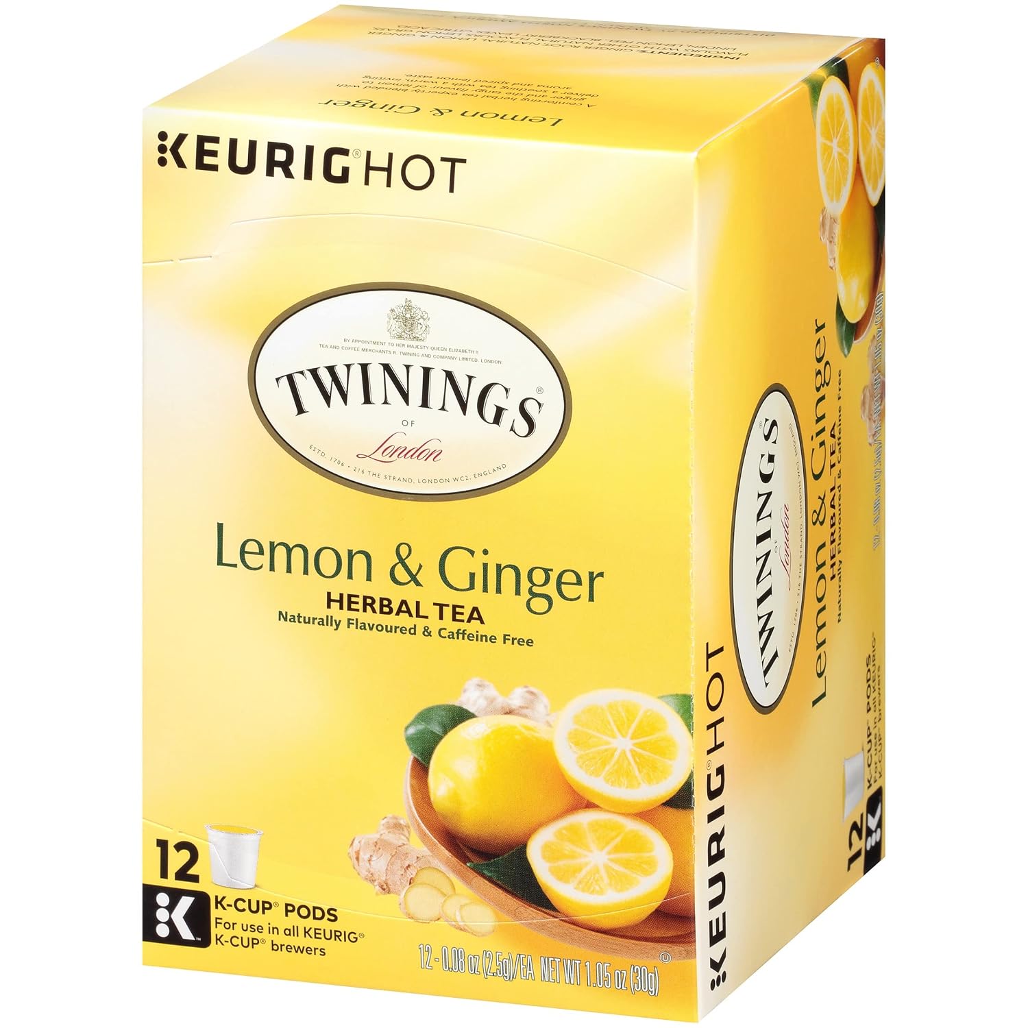 Twinings of London Lemon & Ginger Herbal Tea, K Cup Tea for Keurig, Naturally Caffeine Free Blend, Ginger Root, Lemon Grass, Linden, Lemon Peel, Blackberry Leaves, 12 K Cup Tea Pods
