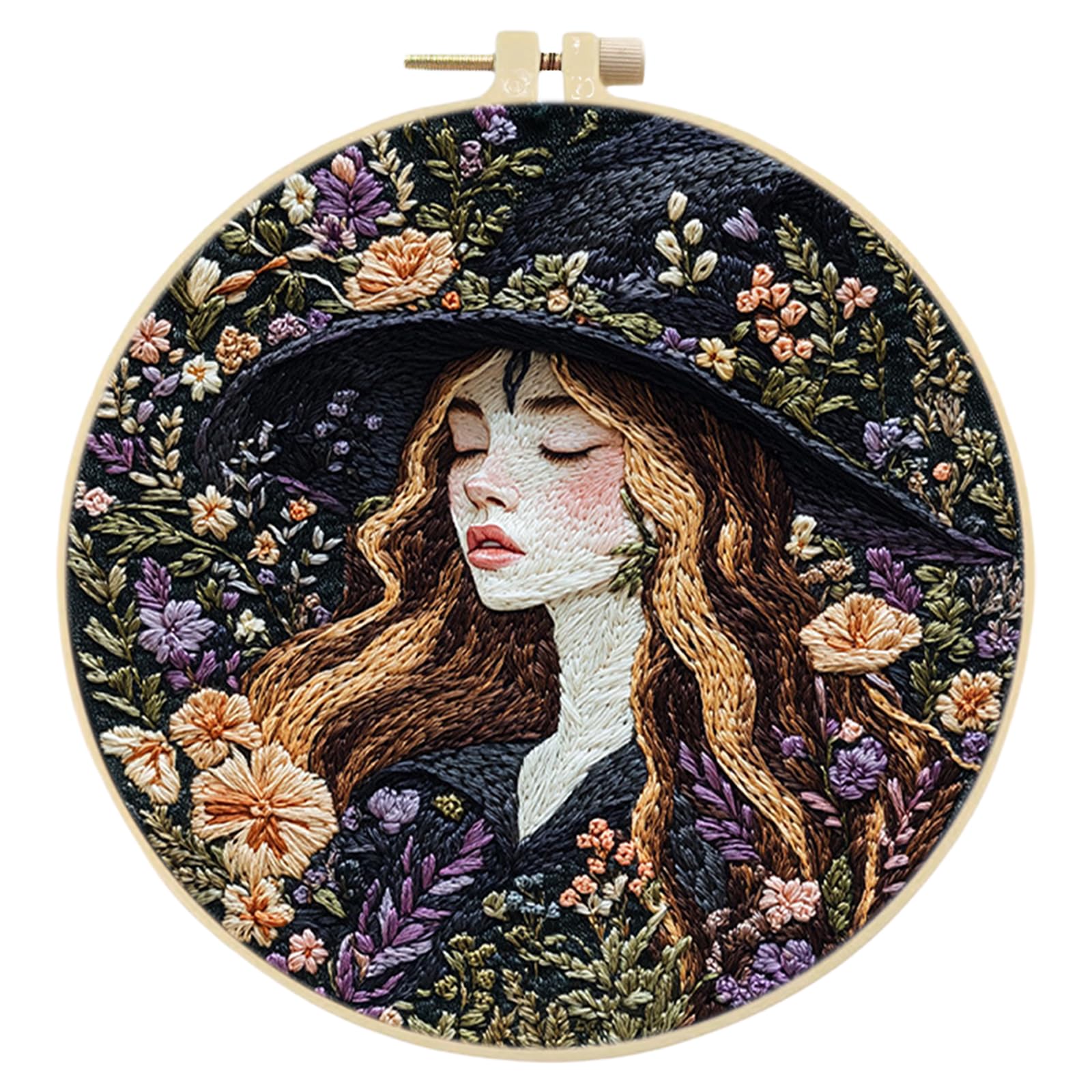 POETRYDRAW Halloween Purple Bloom Witch Embroidery Kit with Hoop