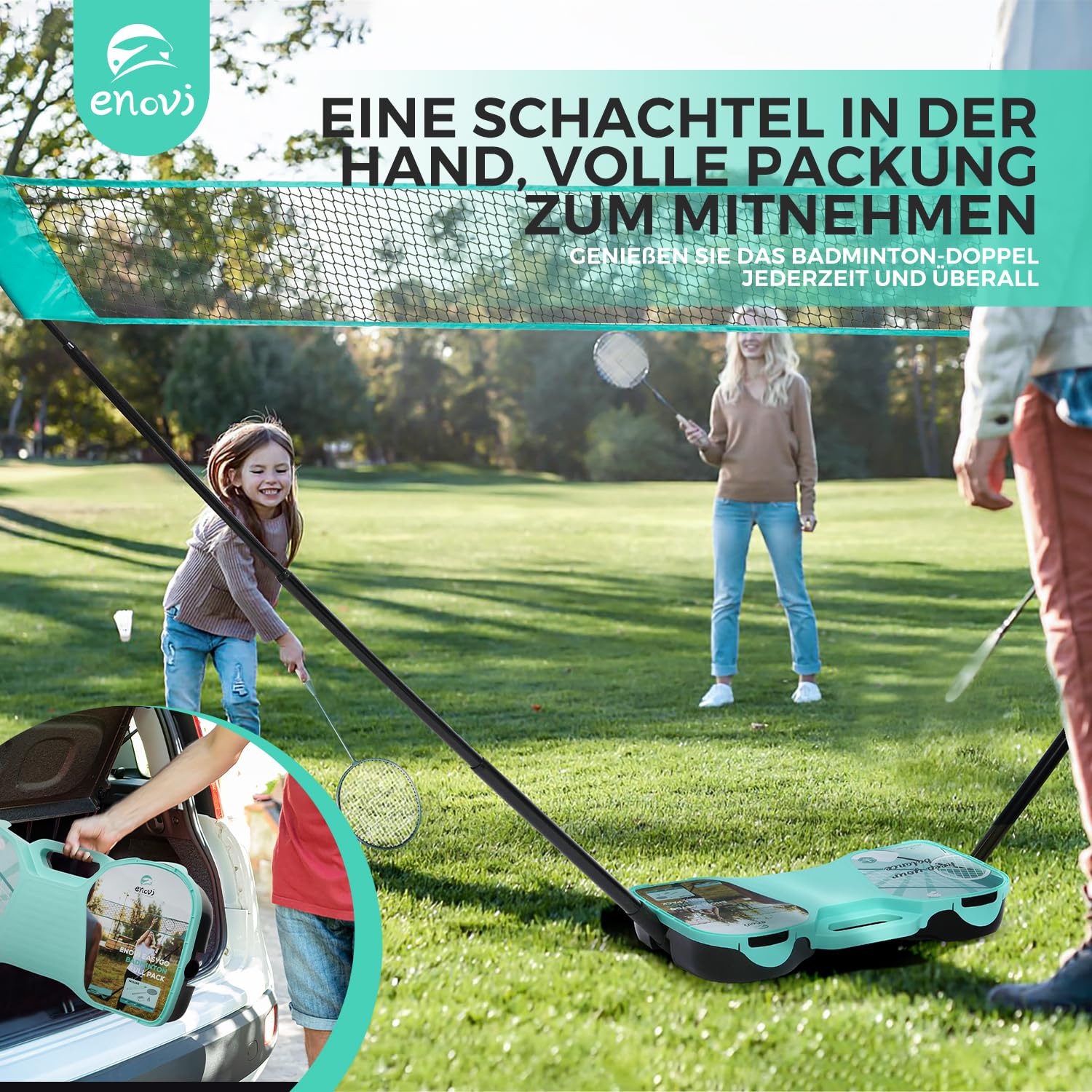 EasyGo Federball Set, Badminton Set mit 4 Schläger, Badminton Netz, 4 Federball, Tragbare Aufbewahrungsbox
