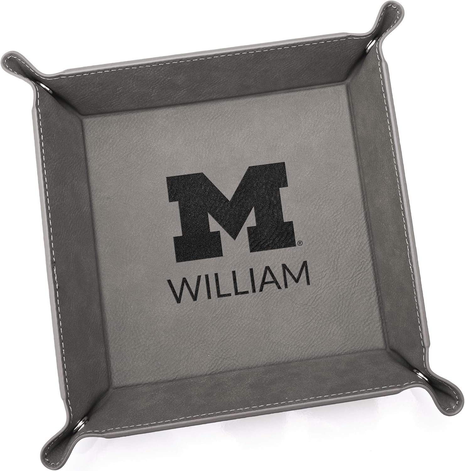 Lifetime Creations Personalized Michigan Wolverines Valet Tray (Gray) - Officially Licensed, Vegan Leather Men's Catchall Dresser Tray, Father's Day, Birthday Gift for Fan