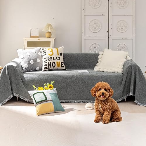 VClife Boho Gray Couch Cover Multi-Functional Furniture Protector 71 x 134 | Soft Cool Sofa Cover for 3 Cushion Couch Sofa, Chenille Dog Sofa Cover Blanket for L Shape Sectional, Washable, Anti-pilling