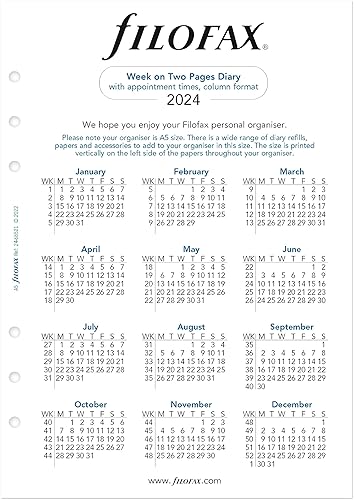 Filofax Recambio de diario para calendario, tamaño A5, vista semanal con citas, vertical, multiajuste, papel blanco, inglés, 2024 (C68521M-24)
