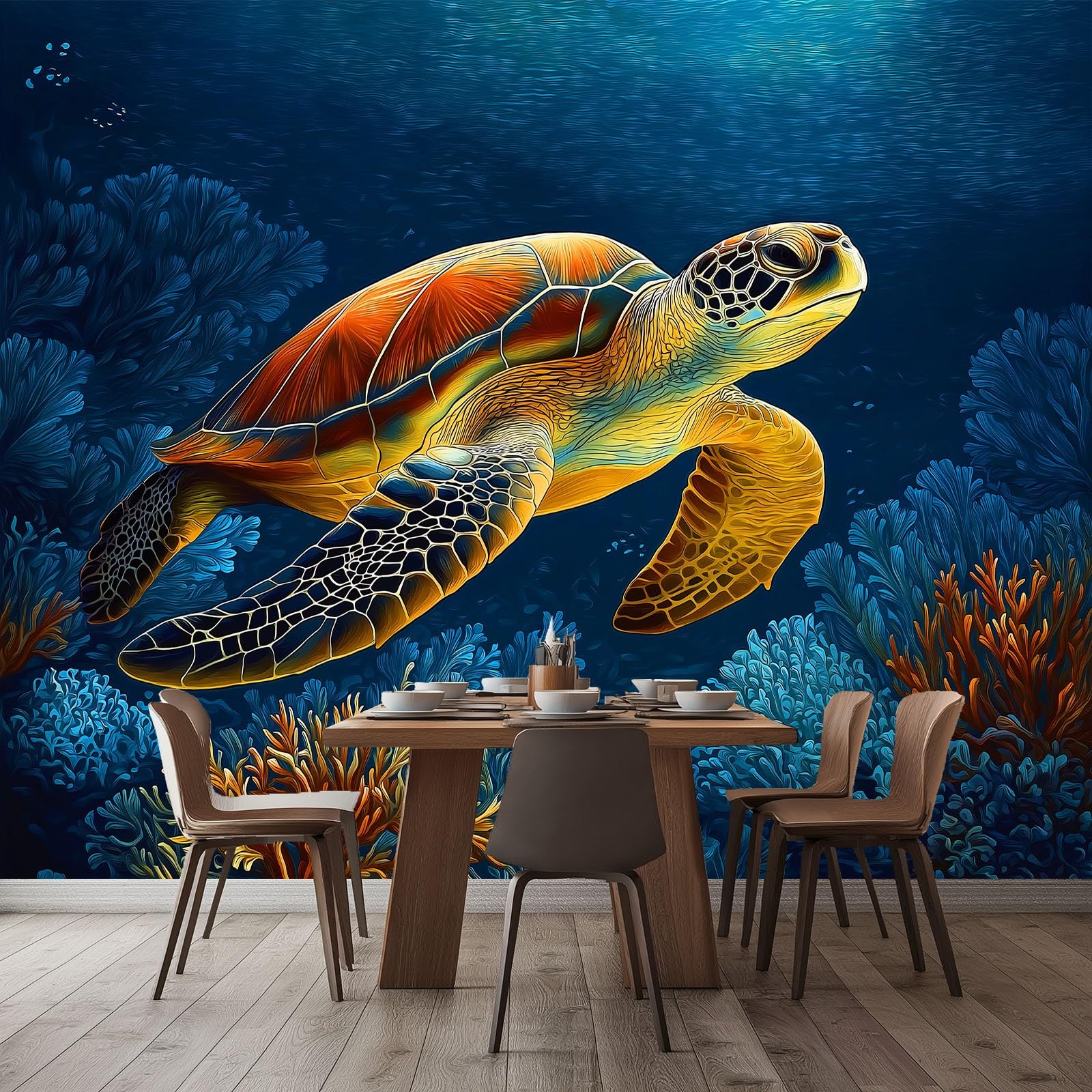 Fototapeta z włókniny, styl kreskówkowy, tapeta 200 x 140 cm (szer. x wys.), nowoczesna tapeta z włókniny, efekt 3D, dekoracja ścienna, morze, rafa koralowa, żółw, tapeta z motywem, tapeta ścienna