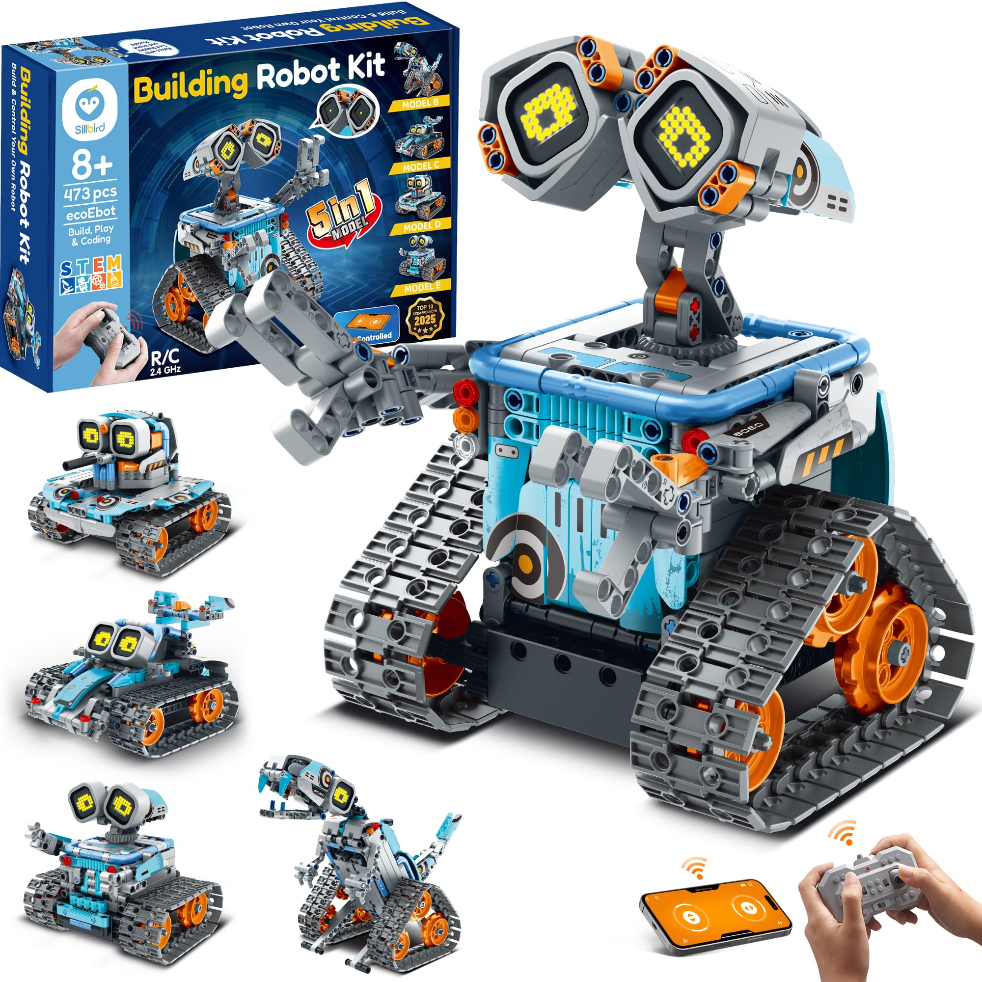 Sillbird Programmierbarer Roboter STEM für Jungen von 8-12 Jahren | 5-in-1-Bauset mit App und Fernbedienung, Geschenkideen für Kinder ab 8 9 10 11 12 Jahren, 473 Teile