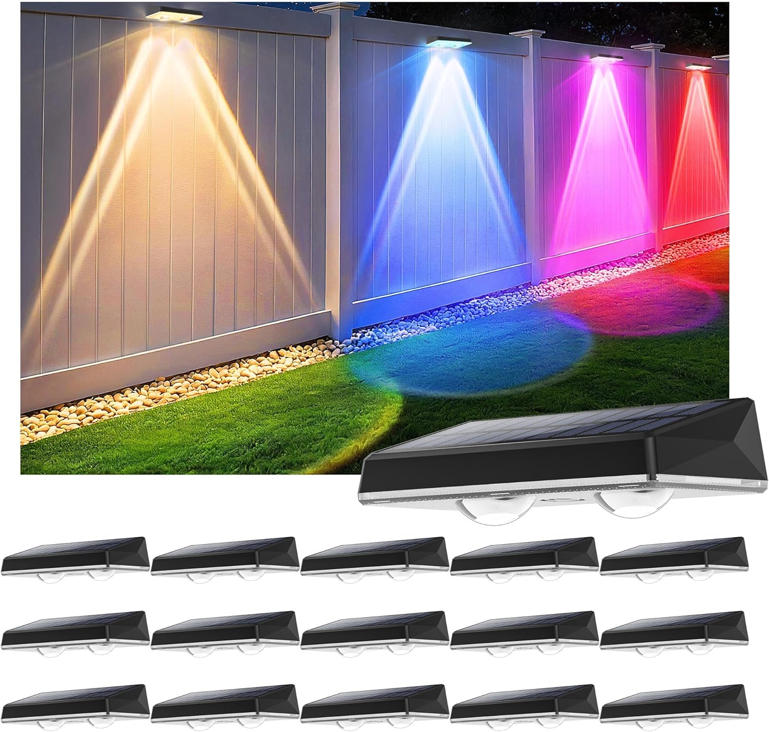 Solar Fence Lights Outdoor - 16 Pack RGB Fence Lights Solar Powered, 7 Color Modes & Warm White, IP67 Waterproof Dusk to Dawn Solar Powered Lights 12+ Hours for Fence/Backyard/Wall/Step/Patio/Deck