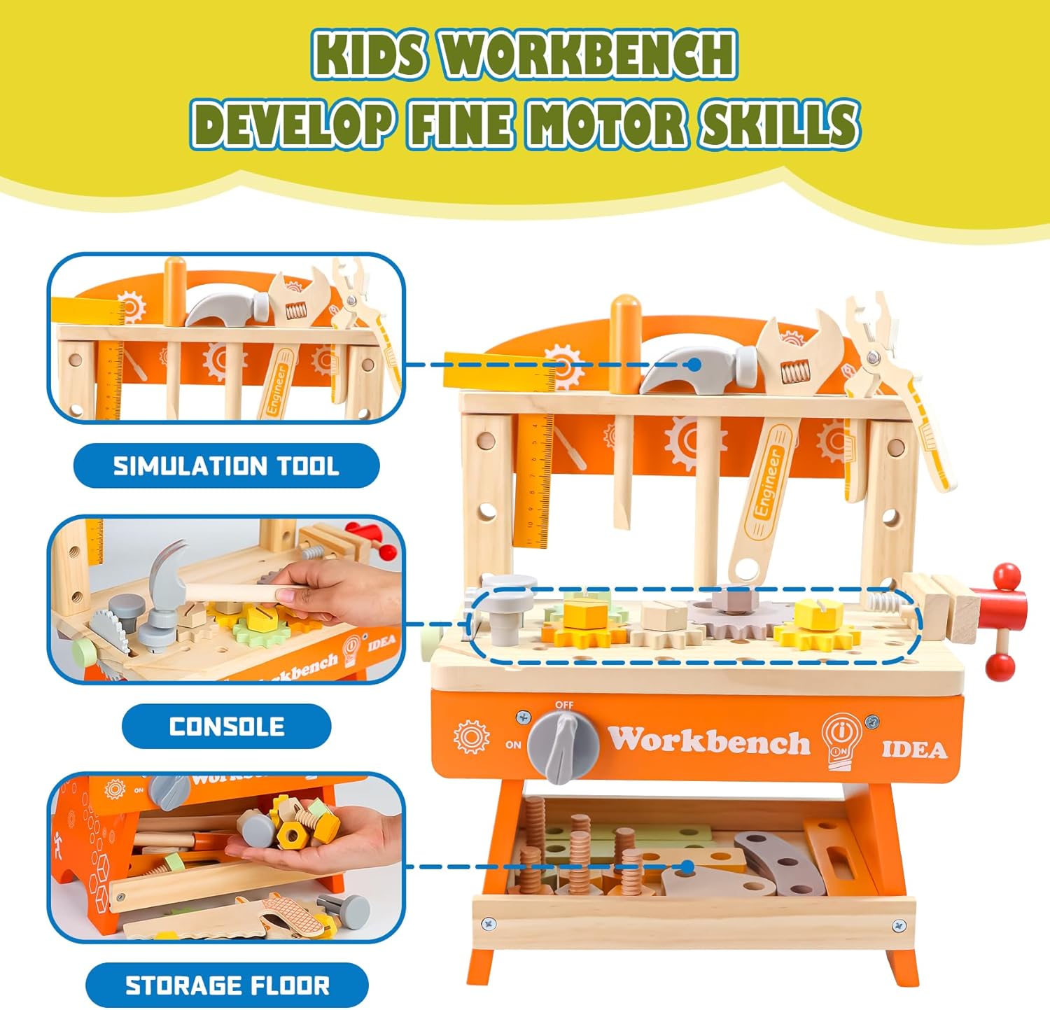 Kids Tool Bench,Wooden Toddler Tool Bench with 39 Accessories,6 Tools,Multi-Function Learning Educational Kids Workbench, Tool Bench Gift for Boys, Girls Age 2 3 4 5